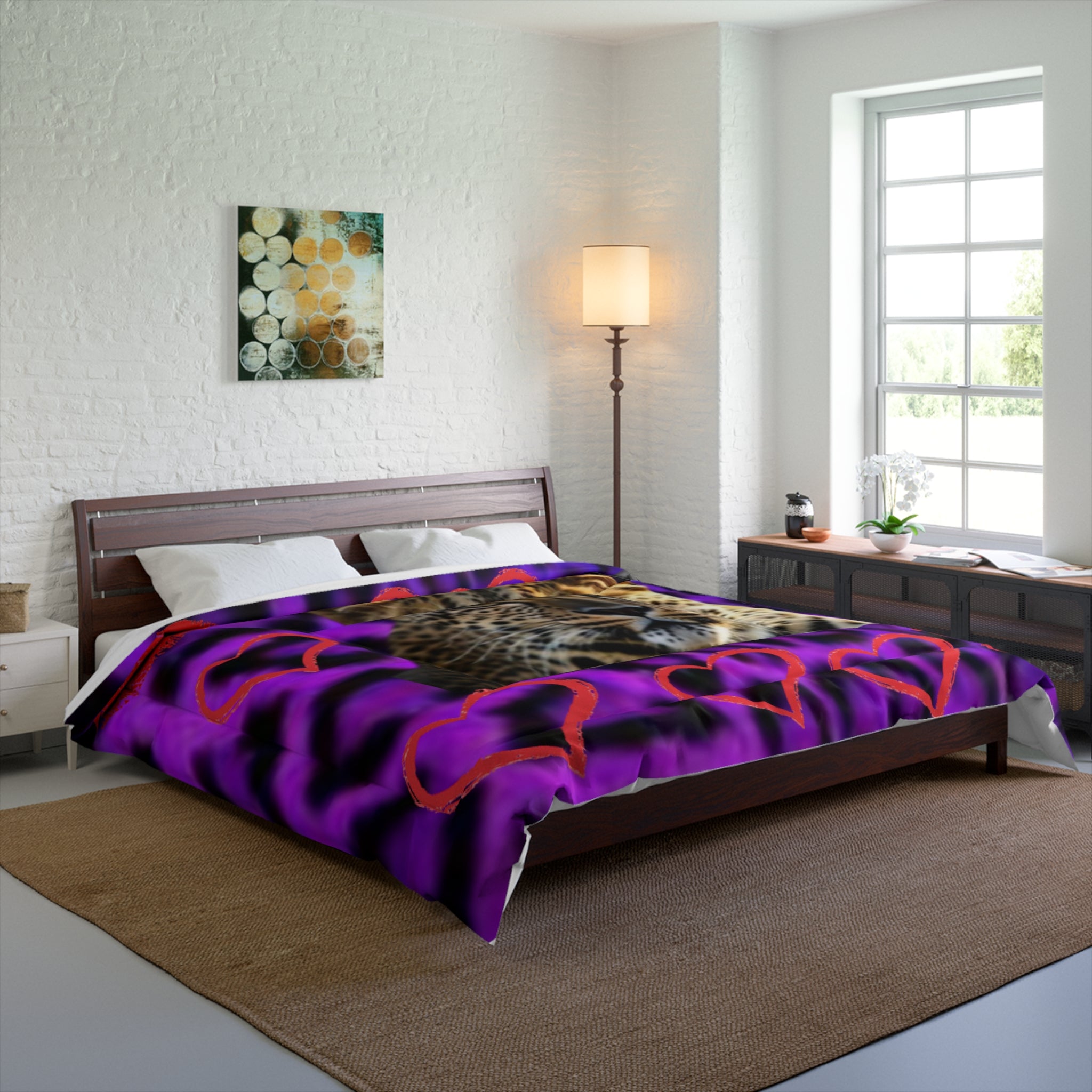 Leopard Heart Comforter - Purple Leopard Print with Big Cat Face & Hearts