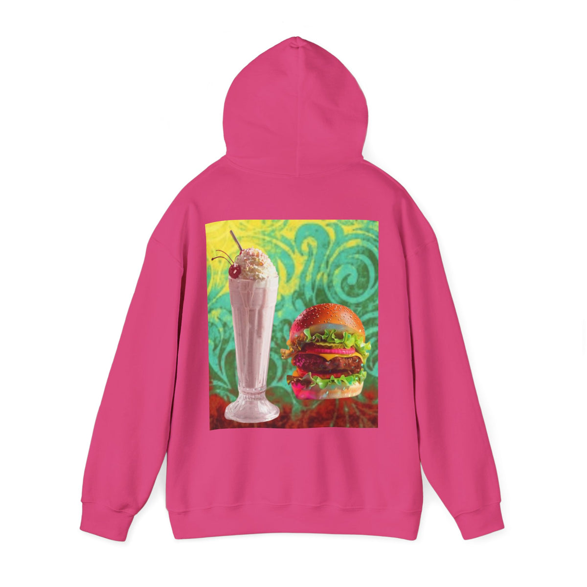 Burger & Strawberry Milkshake Hoodie — Retro Diner Food Graphic Hoodie