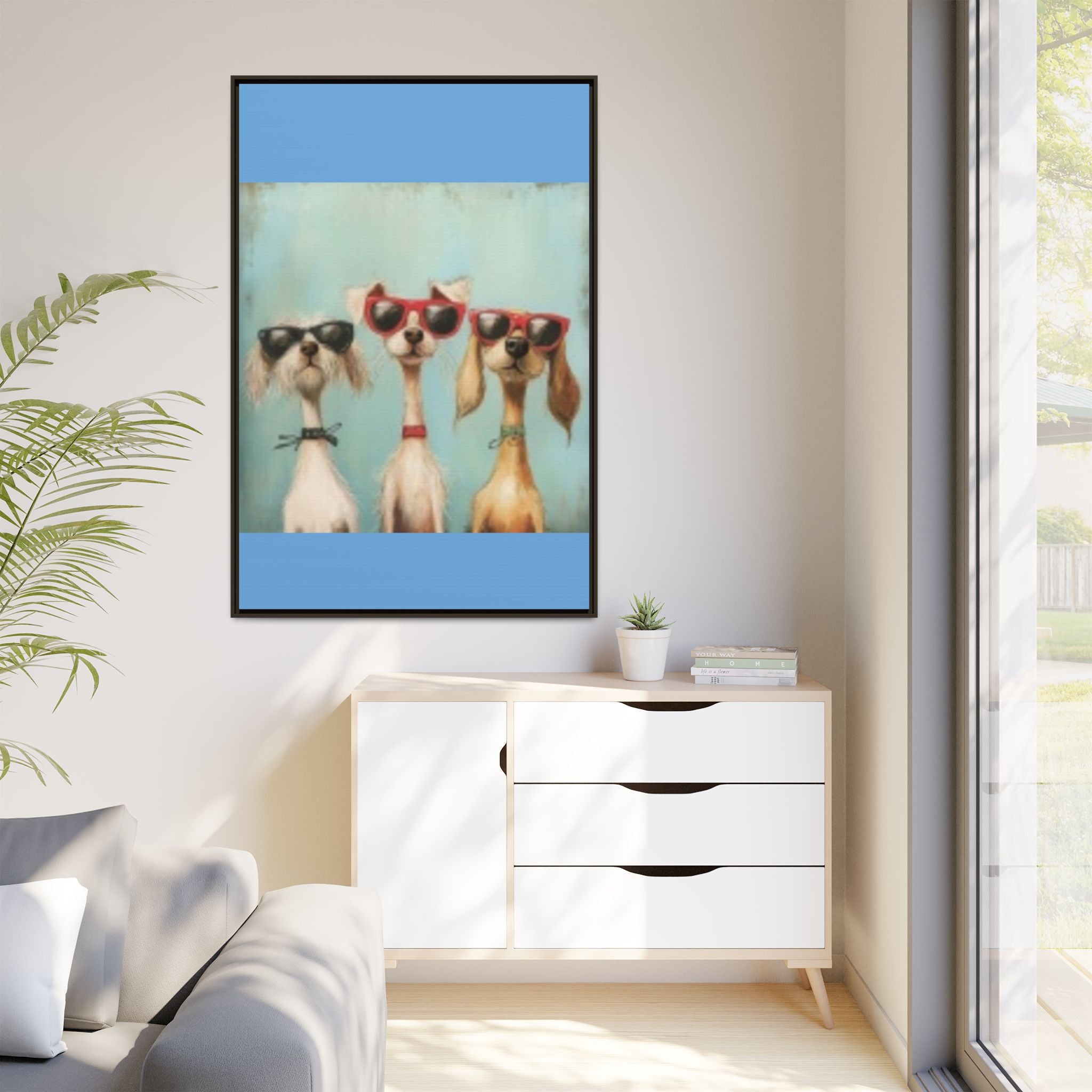 Framed Matte Canvas — Three Cool Dogs in Sunglasses Wall Art