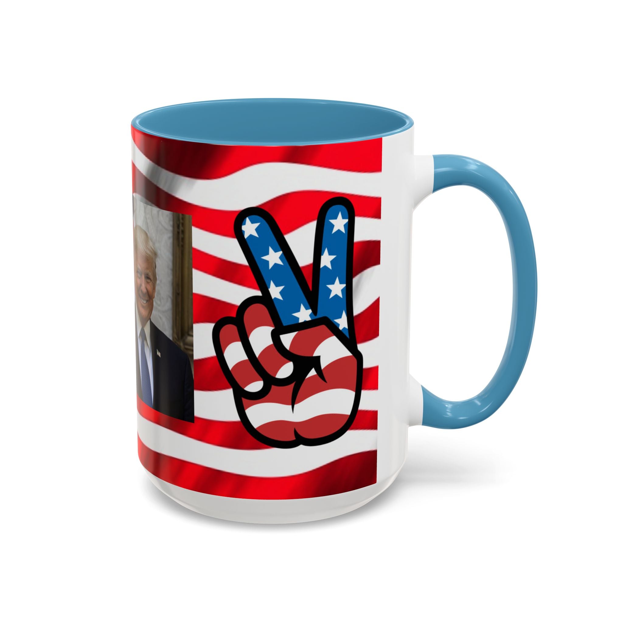 Patriotic President TRUMP Coffee Mug — American Flag Peace Sign & Smile