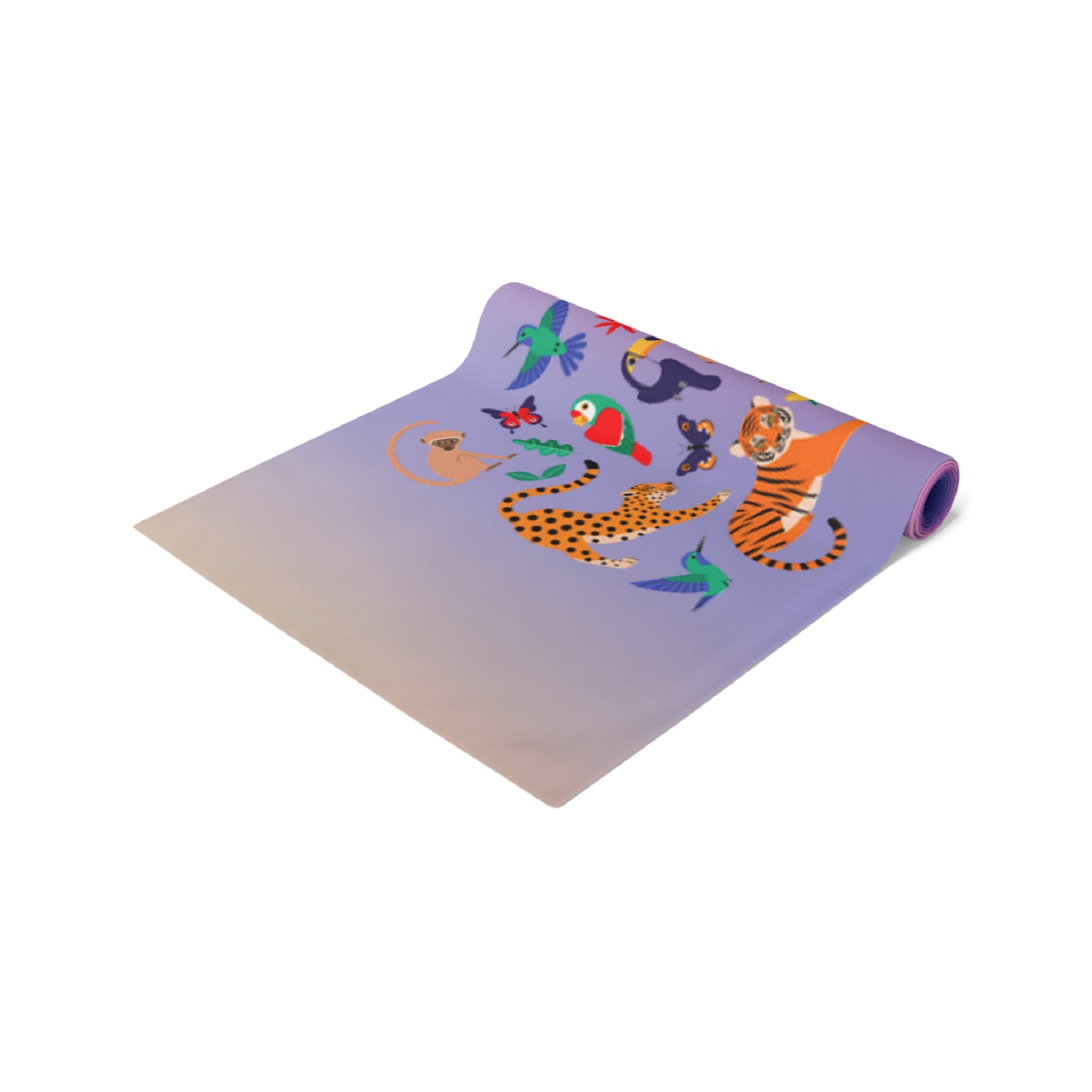 Tropical Jungle Table Runner — Gradient Purple with Tigers & Parrots
