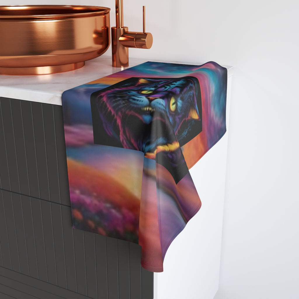 Psychedelic Cat Hand Towel – Neon Galaxy Kitty Beach Sunset Design