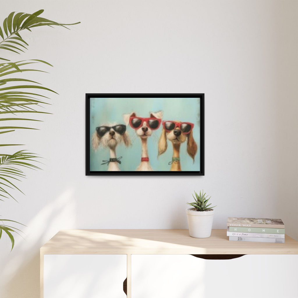 Framed Matte Canvas — Three Cool Dogs in Sunglasses Wall Art