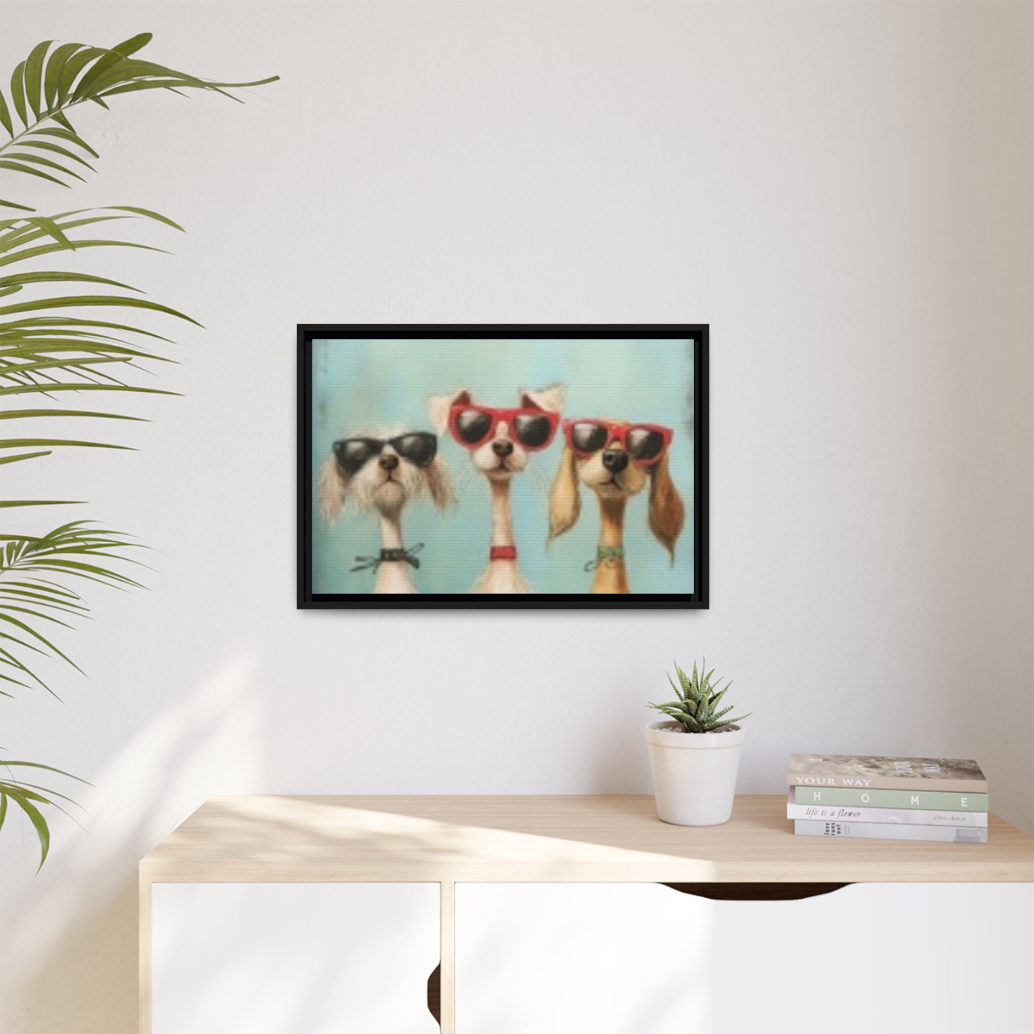 Framed Matte Canvas — Three Cool Dogs in Sunglasses Wall Art