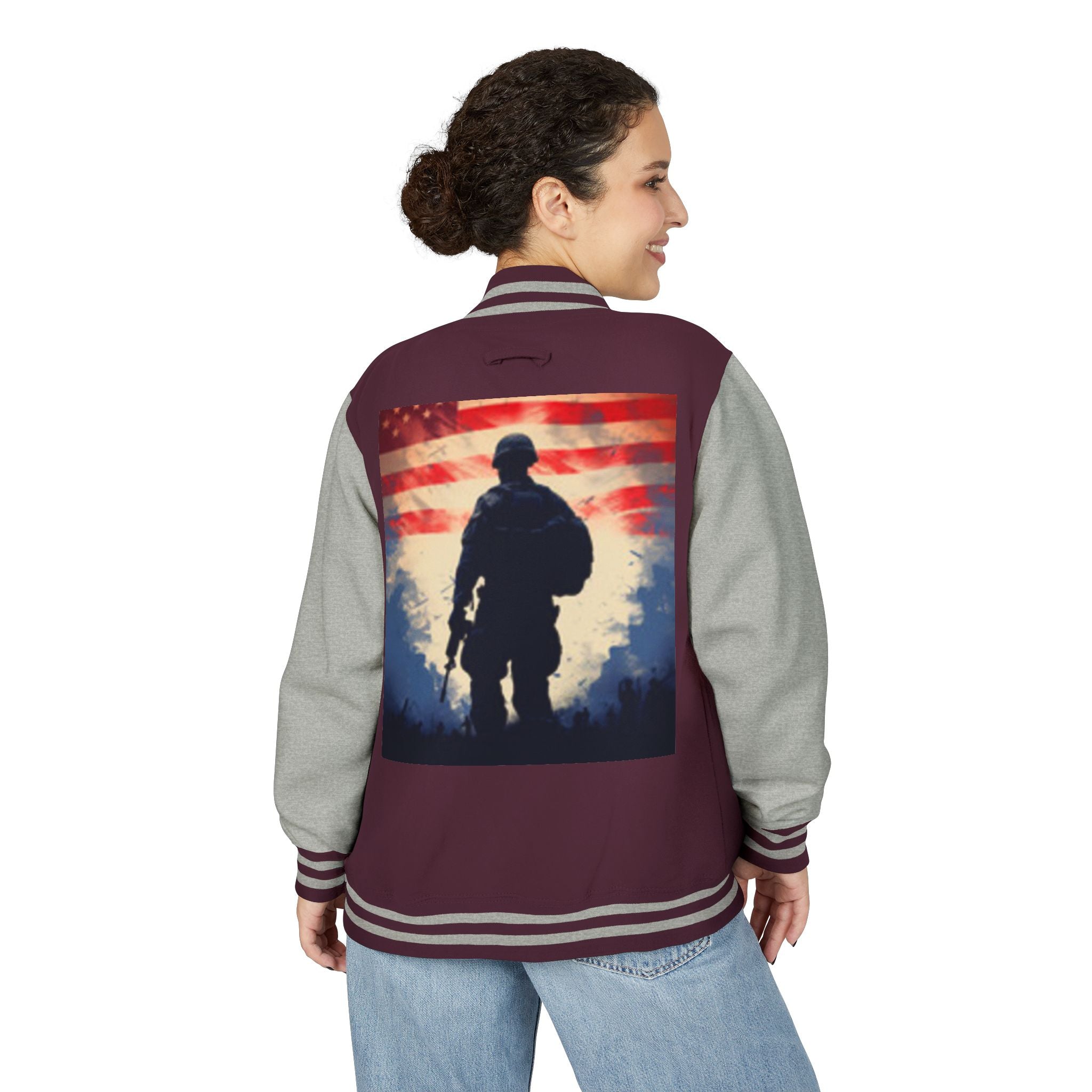Veteran Tribute Letterman Jacket - American Flag Soldier Graphic