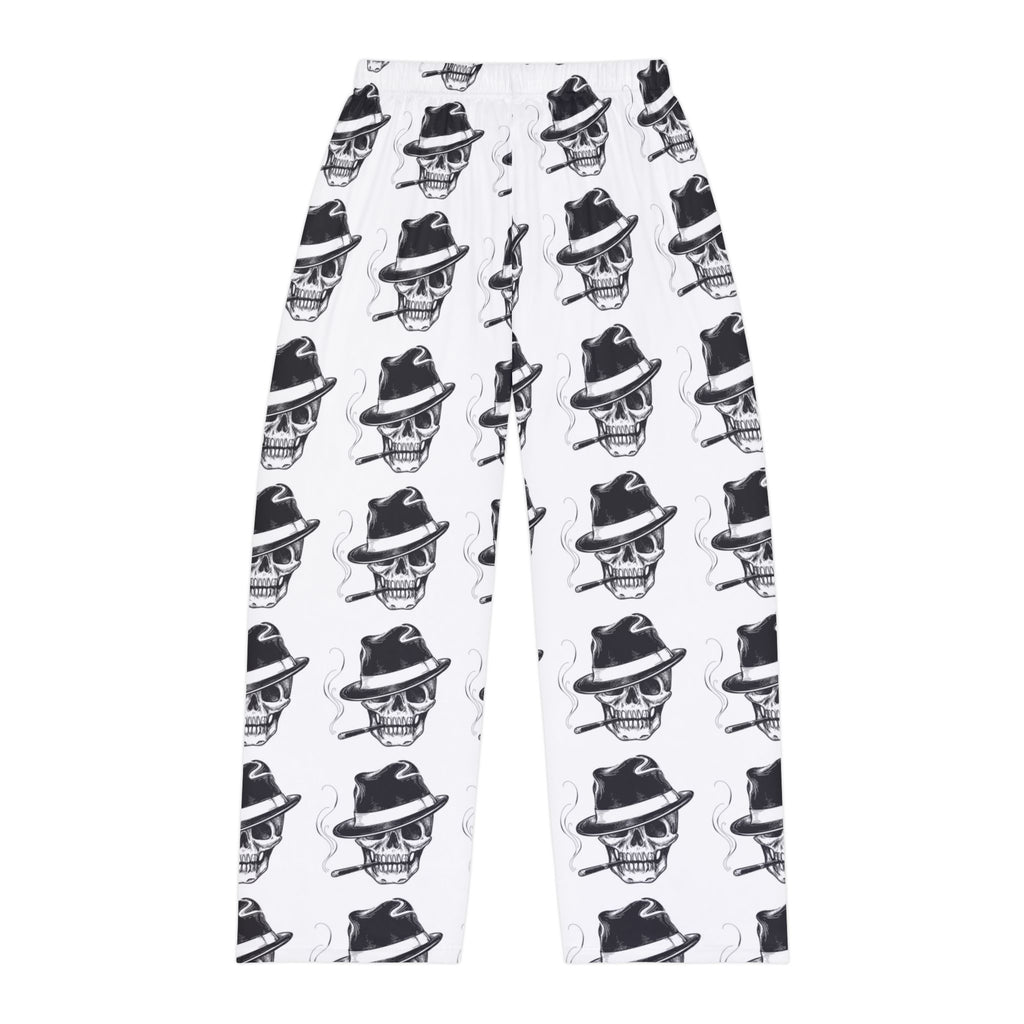 Skull Fedora Pajama Pants — Men’s Black & White All-Over Print Lounge Pants