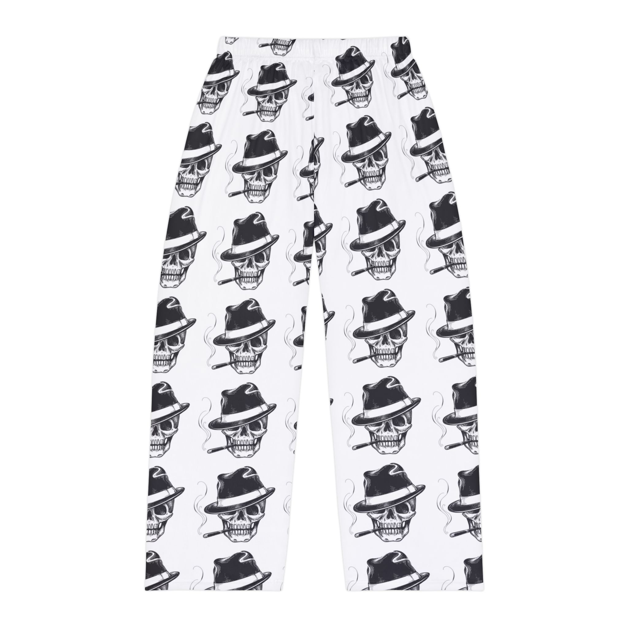 Skull Fedora Pajama Pants — Men’s Black & White All-Over Print Lounge Pants