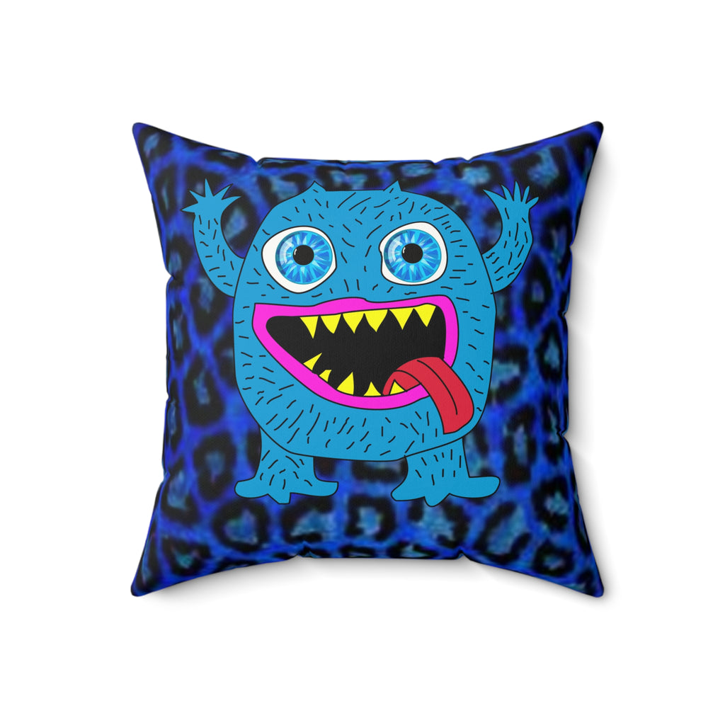 Blue Cartoon Monster Throw Pillow — Cute Fuzzy Monster Decorative Pillow
