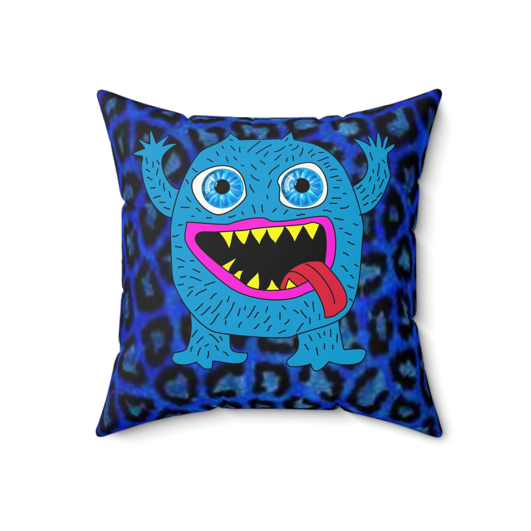 Blue Cartoon Monster Throw Pillow — Cute Fuzzy Monster Decorative Pillow