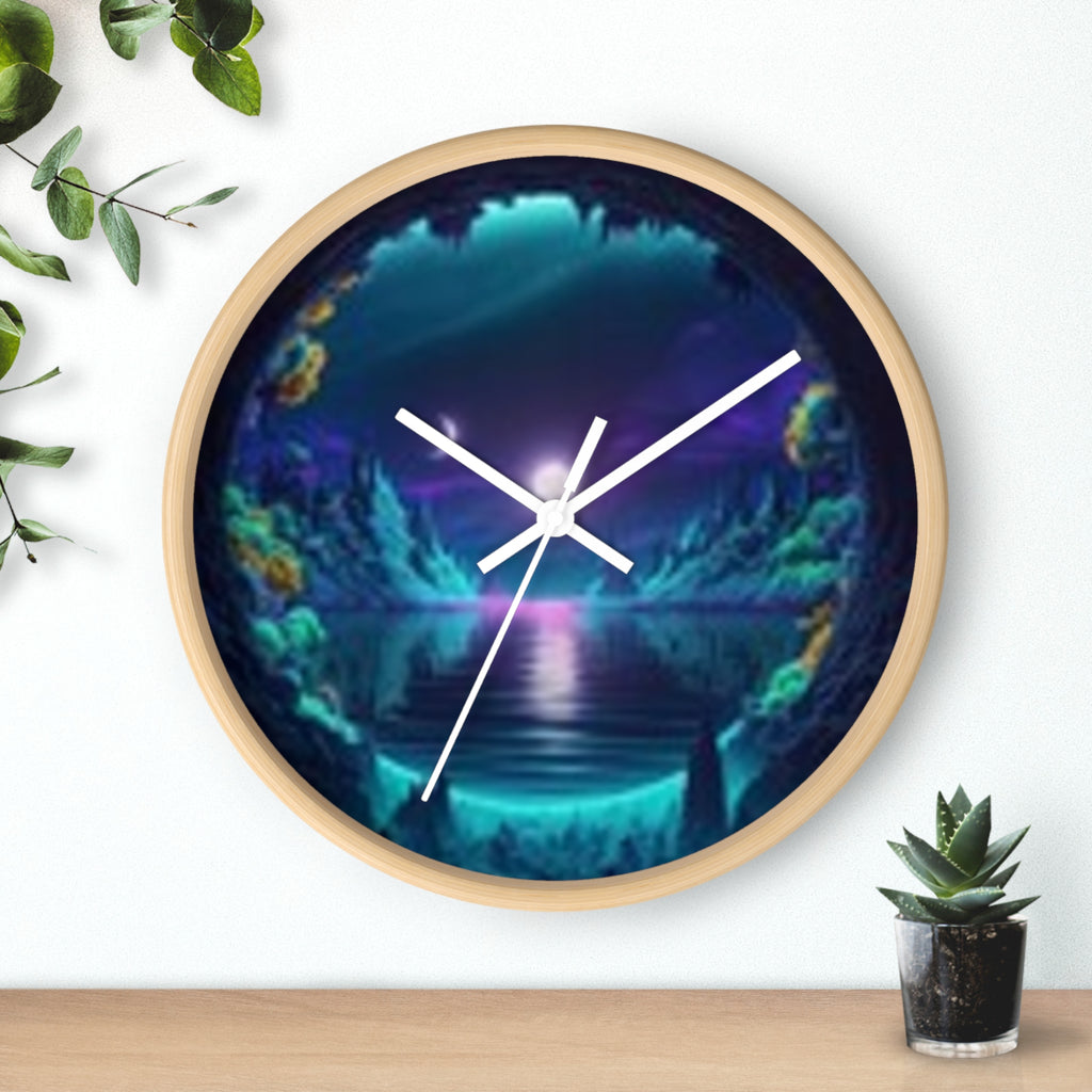 Mystic Cavern Wall Clock — Neon Moonlit Lake Art