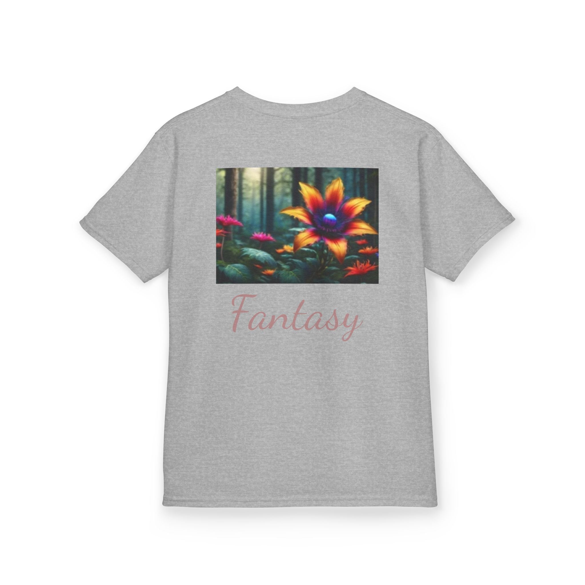 Kids Penguin & Fantasy Flower Fantasy T-shirt— Playful Animal & Colorful Floral Kids Shirt
