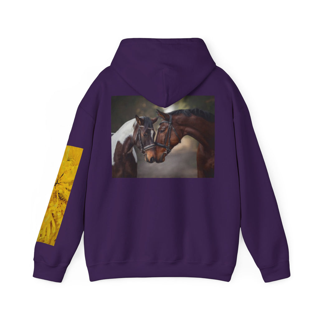 Sunrise Meadow & Horse Graphic Hoodie — Scenic Sunset Landscape and Saddled Horse Print