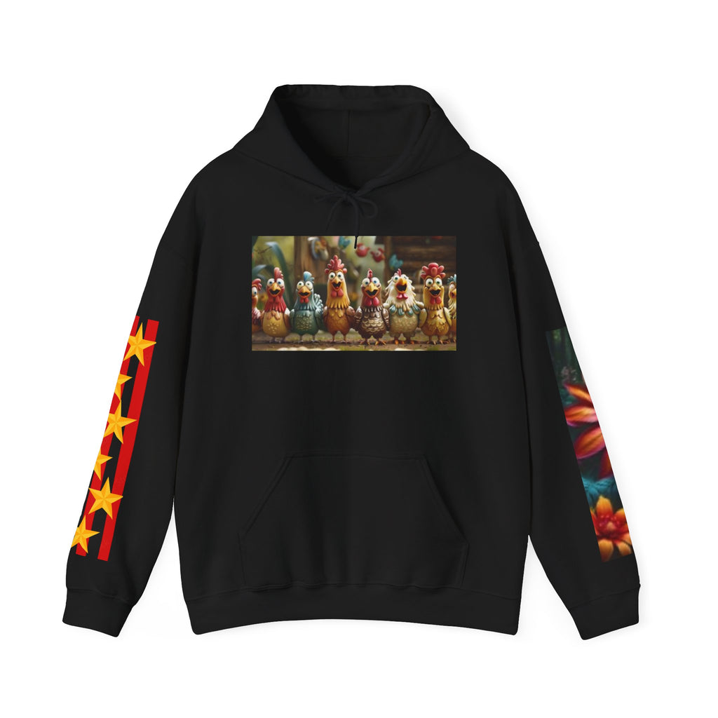Chicken Row Graphic Hoodie — Colorful Folk Art Chickens Pullover