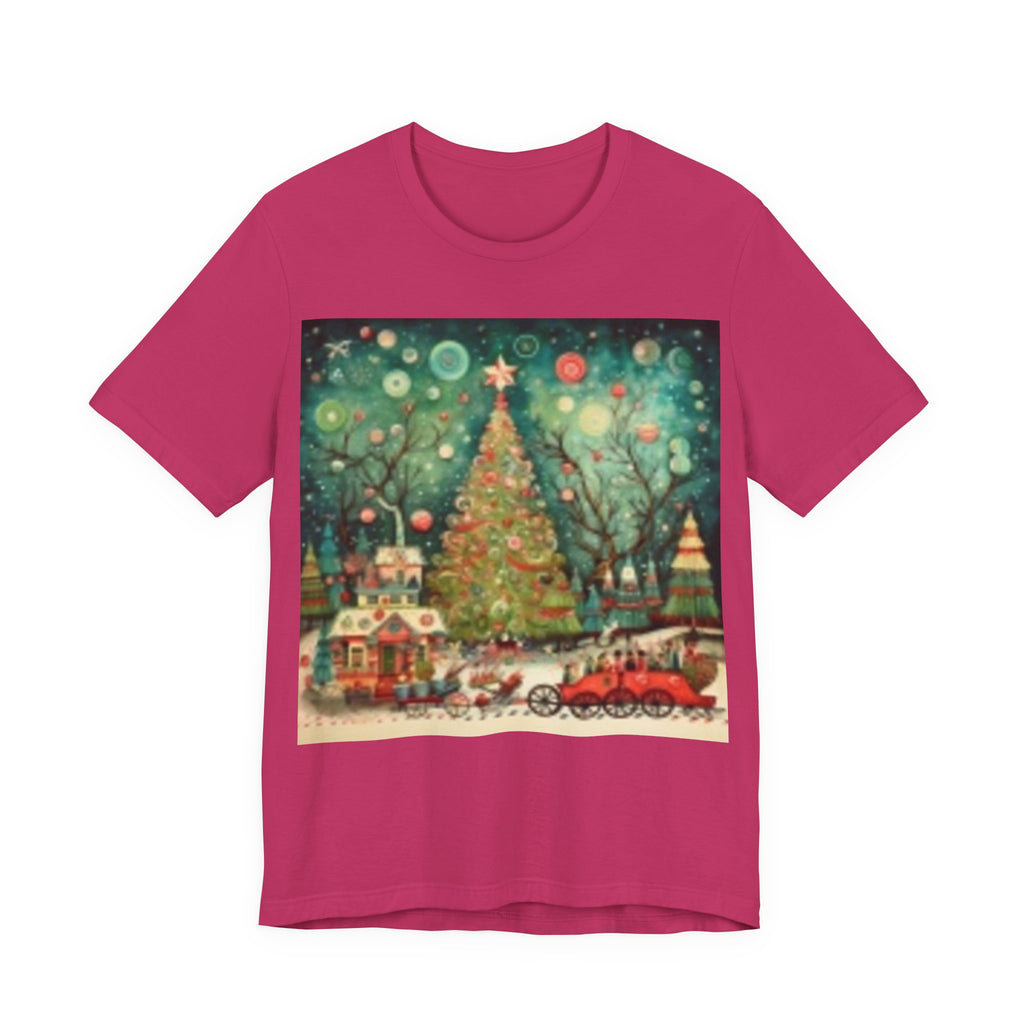 Christmas Tree Vintage Scene Tee — Holiday Village Carriage Design