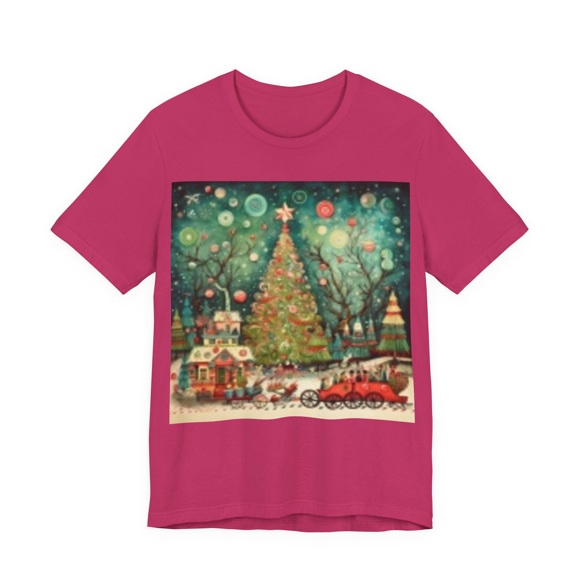Christmas Tree Vintage Scene Tee — Holiday Village Carriage Design