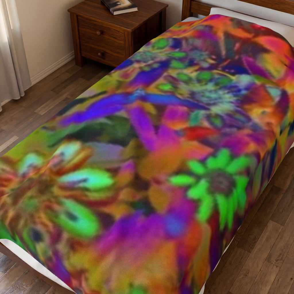 Psychedelic Floral Velveteen Plush Blanket — Vibrant Rainbow Flowers Throw for Cozy Boho Living, Gift for Her