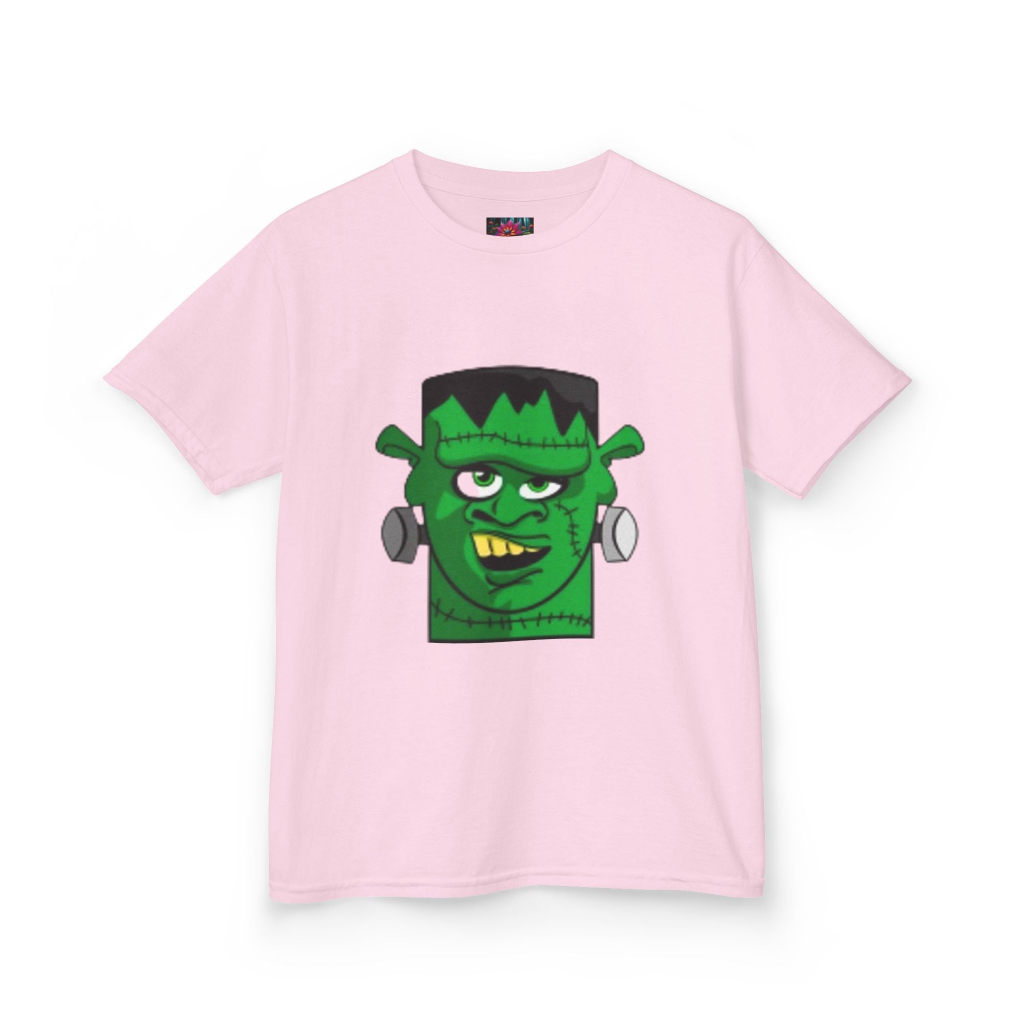 Kids T-shirt— Cute Frankenstein Face Front & Enchanted Forest Back