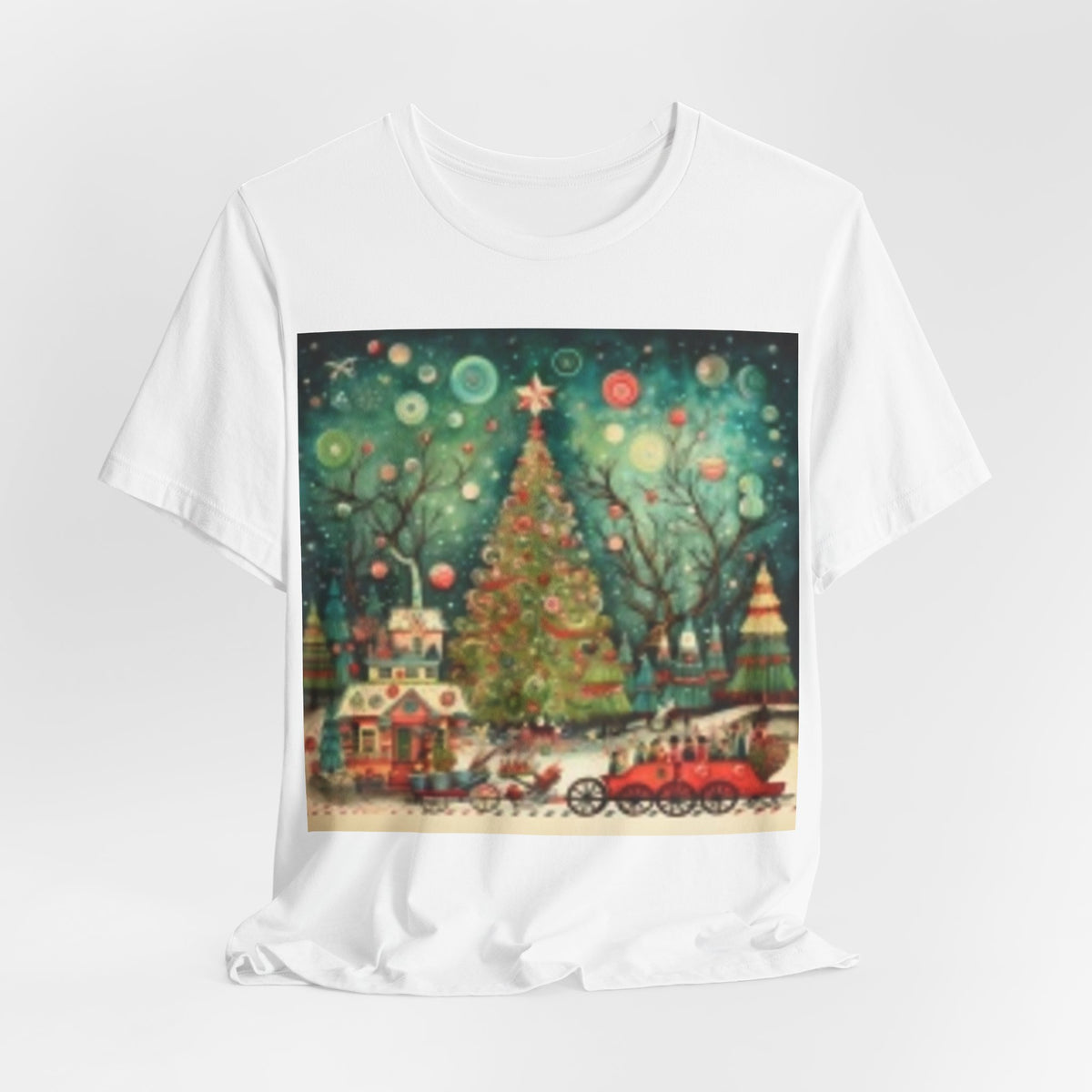 Christmas Tree Vintage Scene Tee — Holiday Village Carriage Design