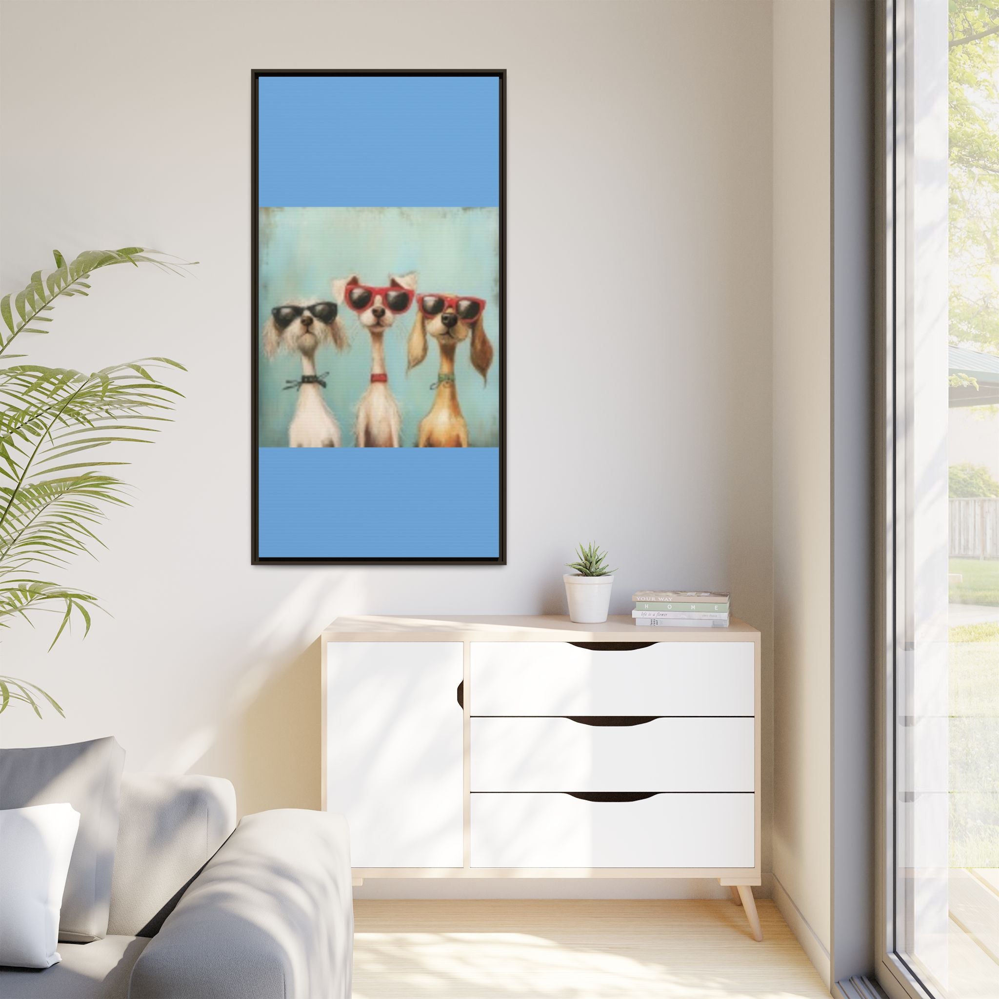 Framed Matte Canvas — Three Cool Dogs in Sunglasses Wall Art