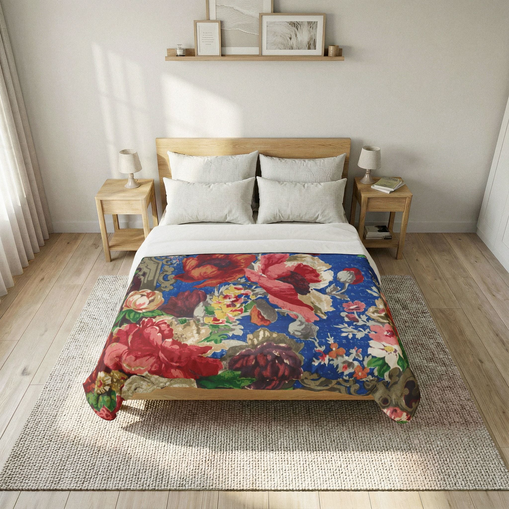 Vintage Floral Cotton Comforter - Bold Rose Bouquet Blue Bedspread