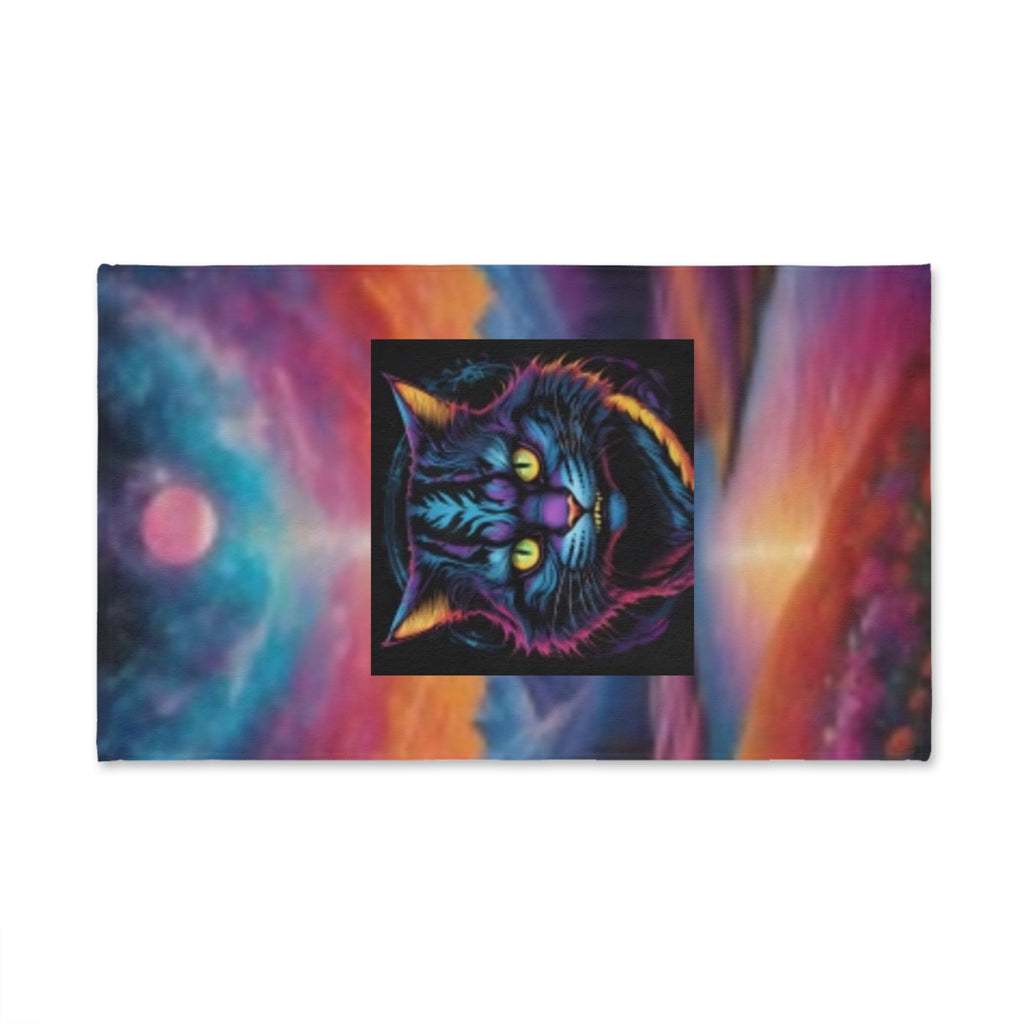 Psychedelic Cat Hand Towel – Neon Galaxy Kitty Beach Sunset Design