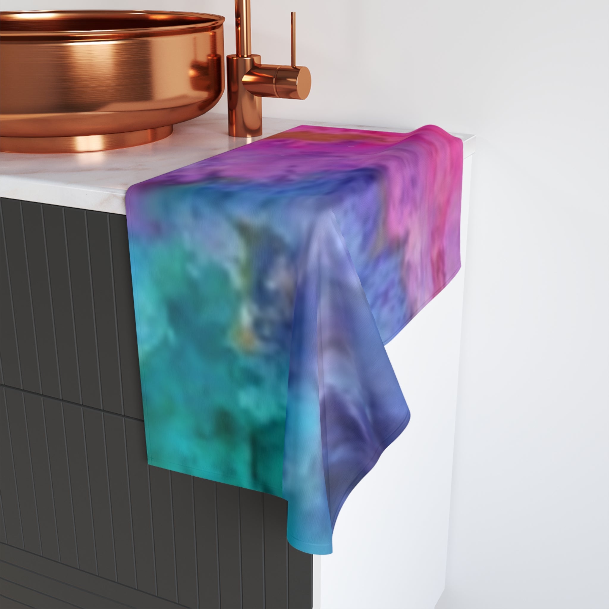 Abstract Watercolor Hand Towel — Vibrant Pink Blue Teal Bathroom & Kitchen Accent