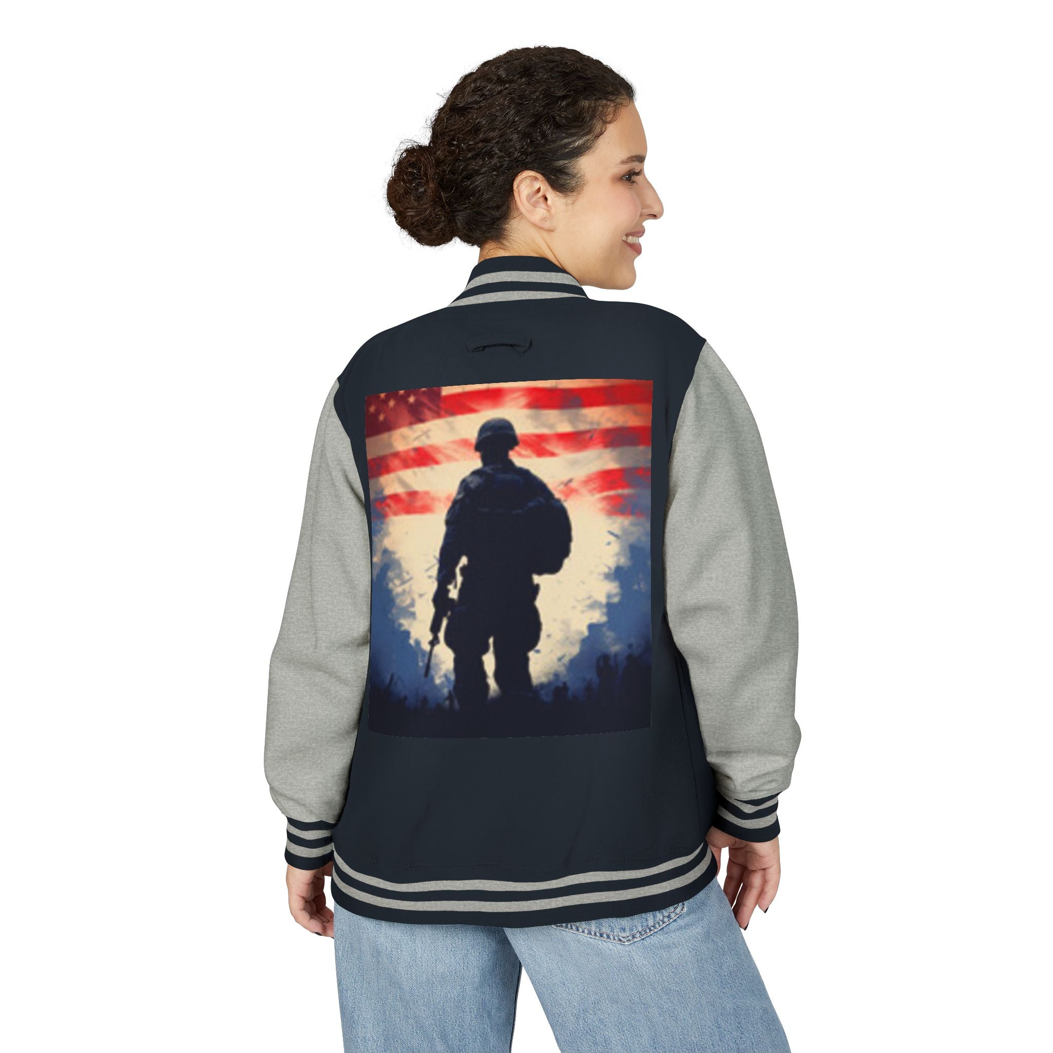 Veteran Tribute Letterman Jacket - American Flag Soldier Graphic