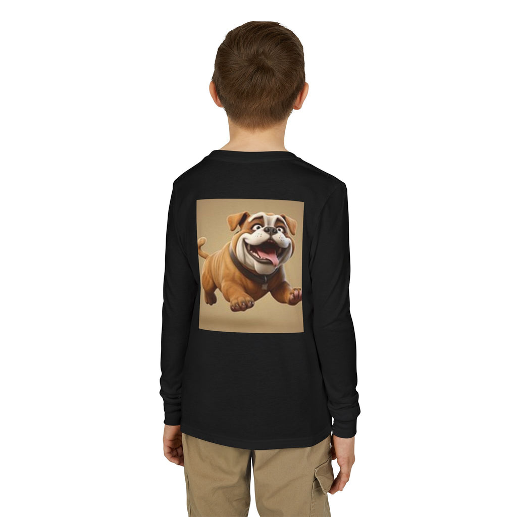 Youth Long Sleeve Tee — Playful Space Planets & Happy Bulldog Graphic