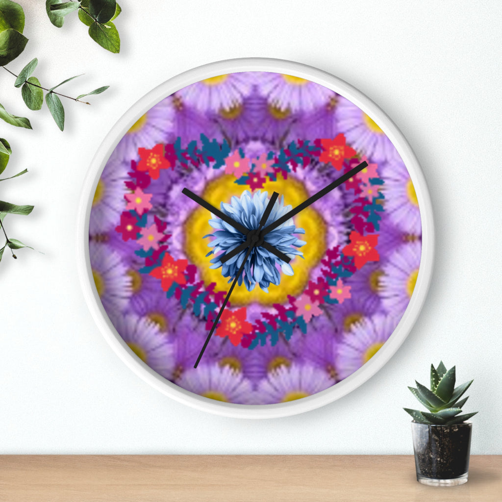 Floral Kaleidoscope Wall Clock — Vibrant Purple Flower Mandala Timepiece