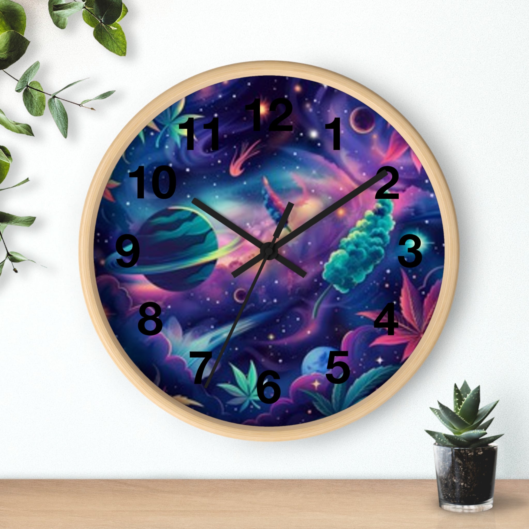 Cosmic Cannabis Wall Clock — Psychedelic Space Marijuana Art Clock