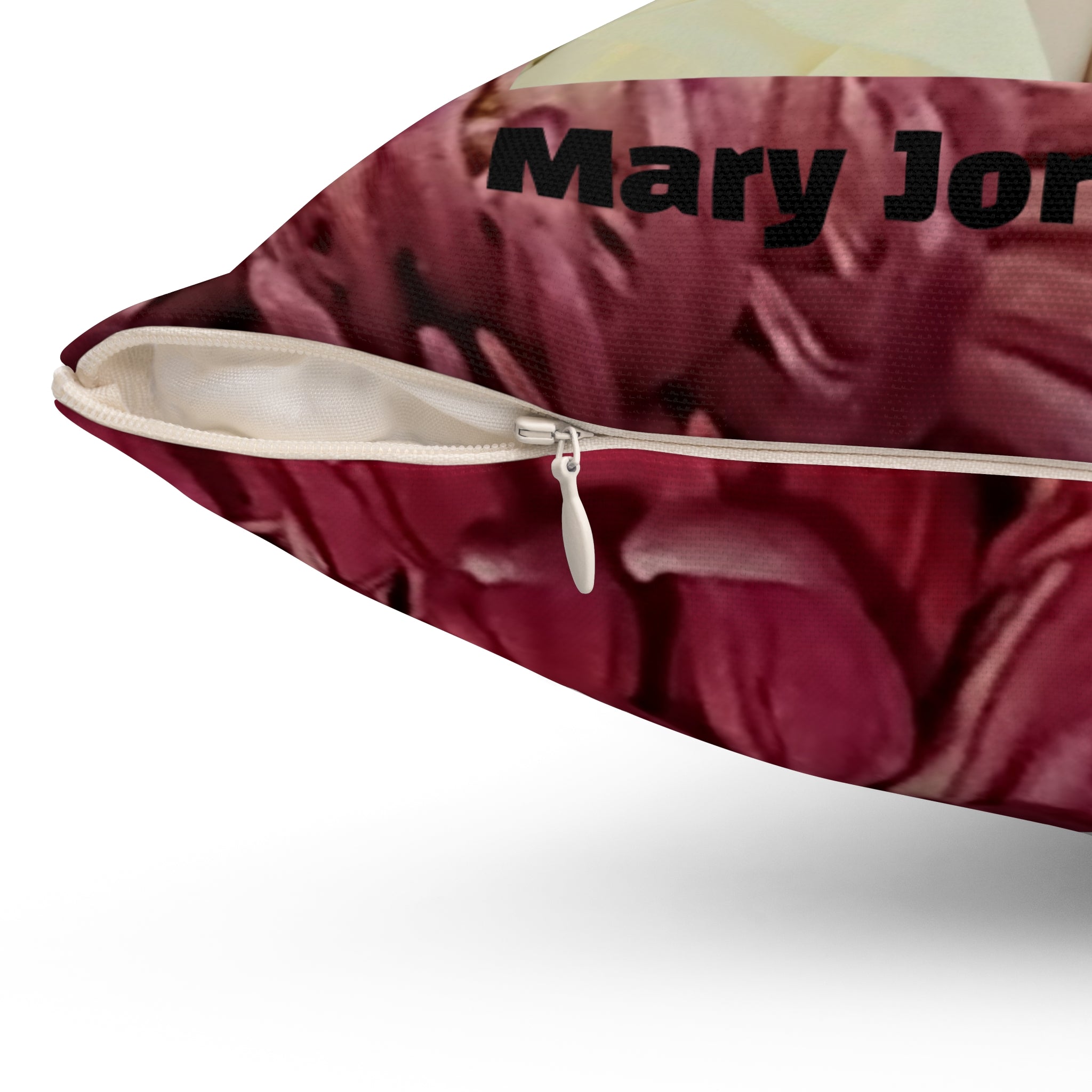 Mary Jordan & Butterfly Floral Throw Pillow — Custom Portrait on Burgundy Chrysanthemum