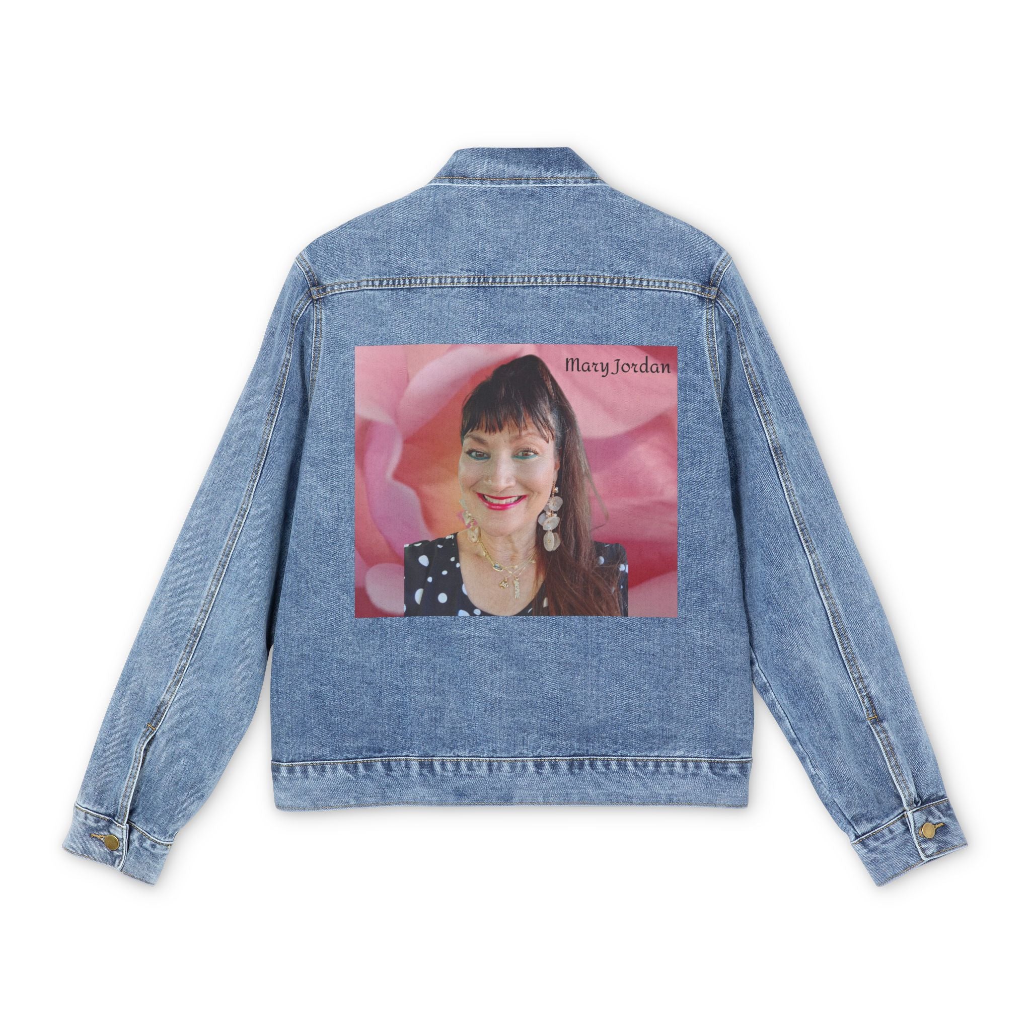 Denim Jacket —Mary Jordan & Pink Rose Back Patch Men’s Denim Jacket