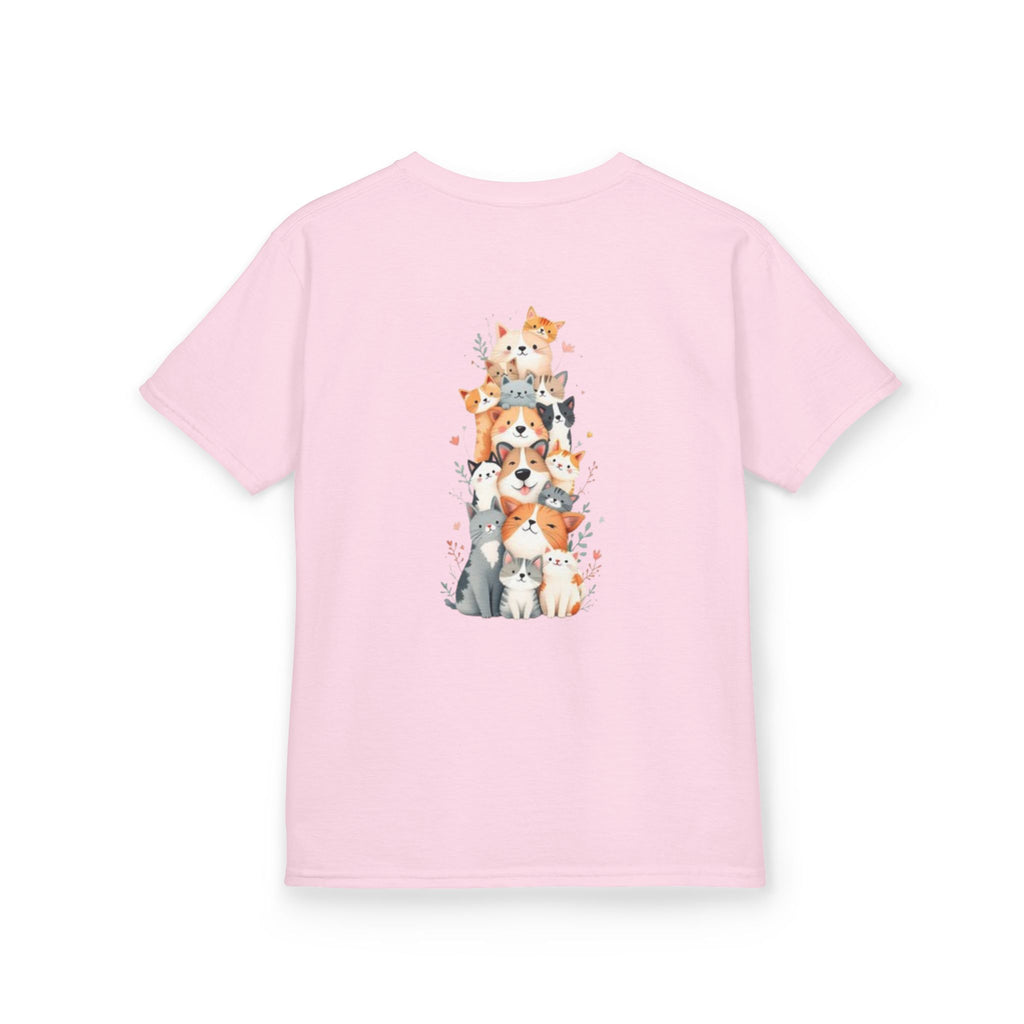 Kids Bulldog & Cute Cats Graphic Tee — Playful Puppy and Cat Stack Kids T-Shirt