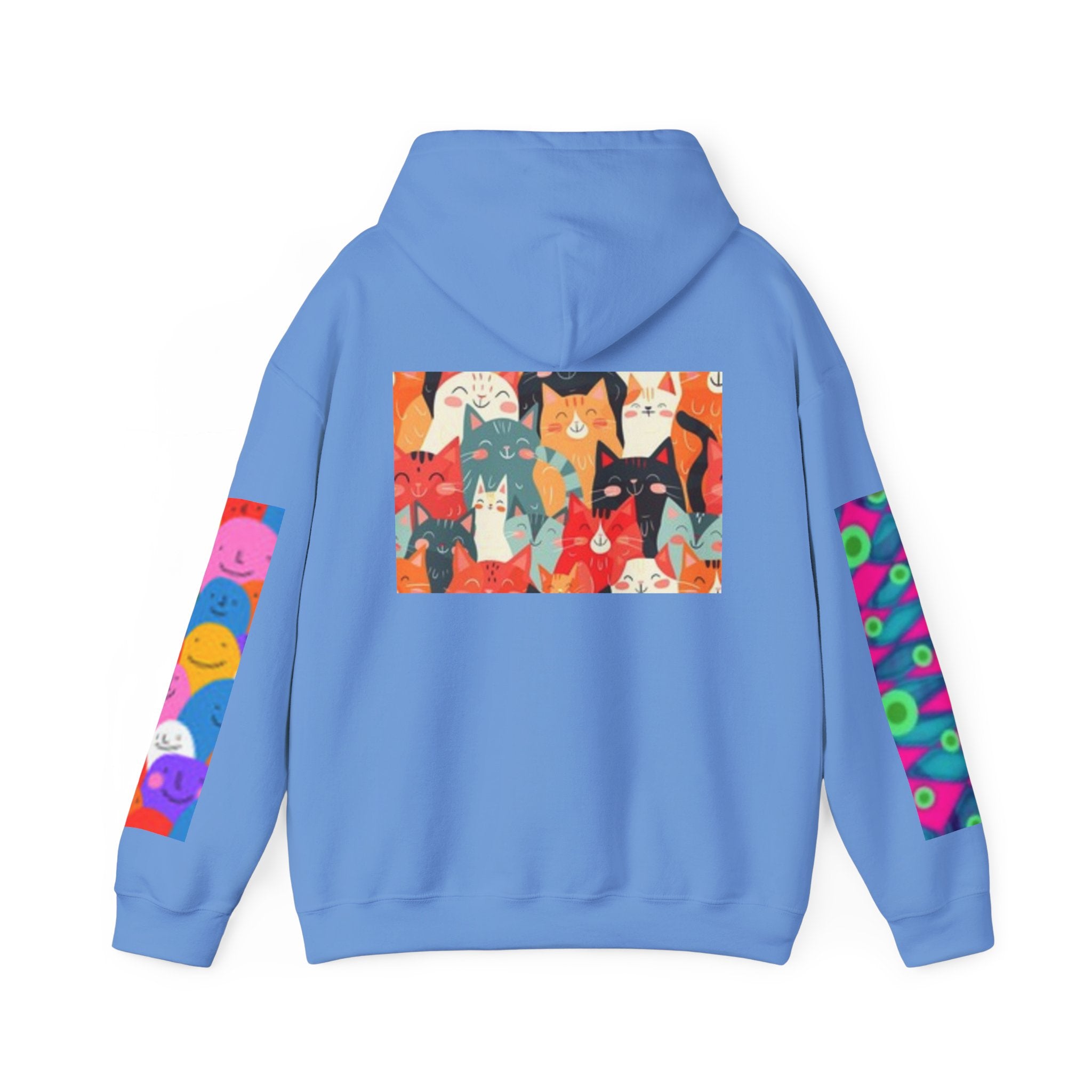 Cat Graphic Hoodie - Retro Sunglasses Cat Front & Colorful Cat Pattern Back Sweatshirt