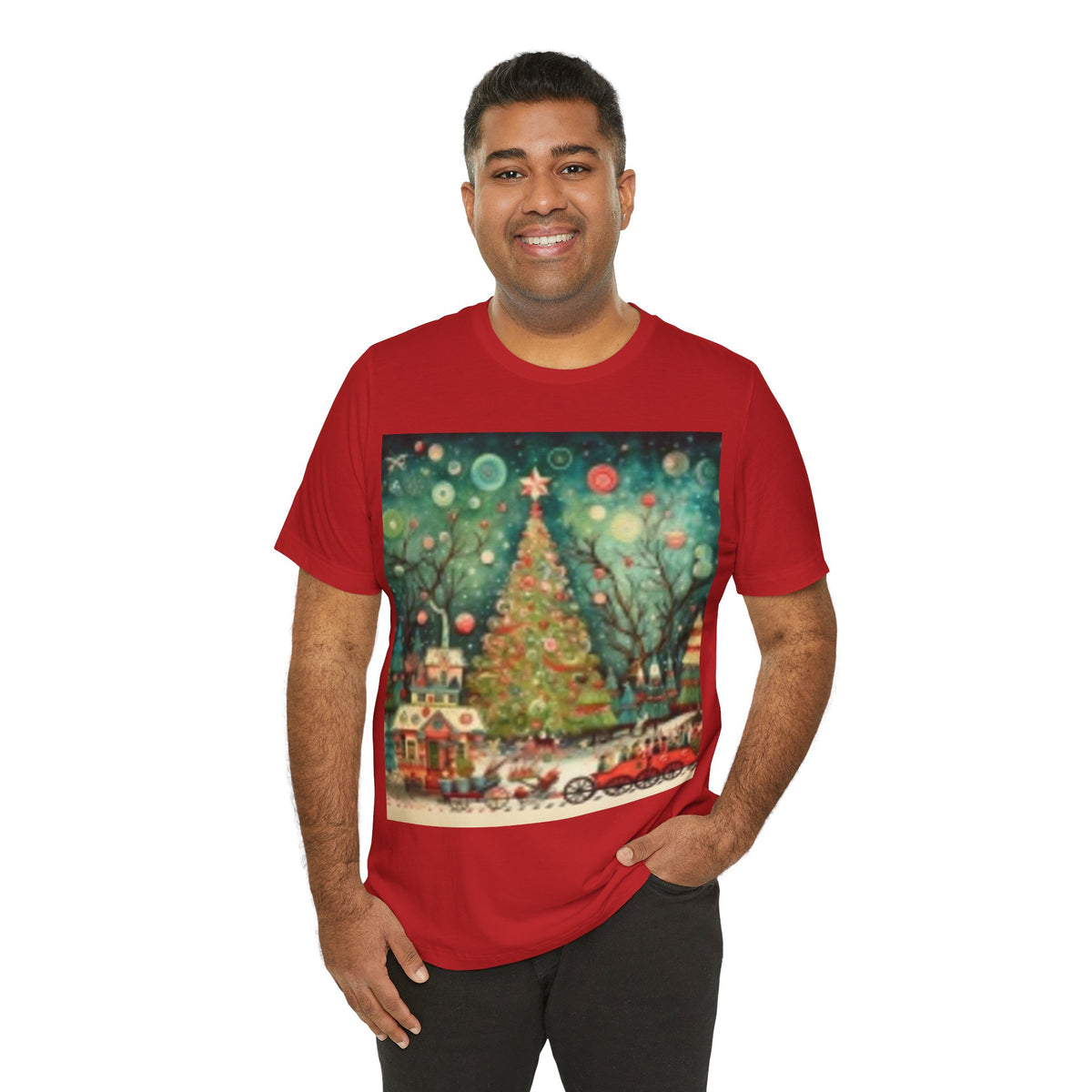 Vintage Christmas Tree Tee — Holiday Village Scenic T‑Shirt