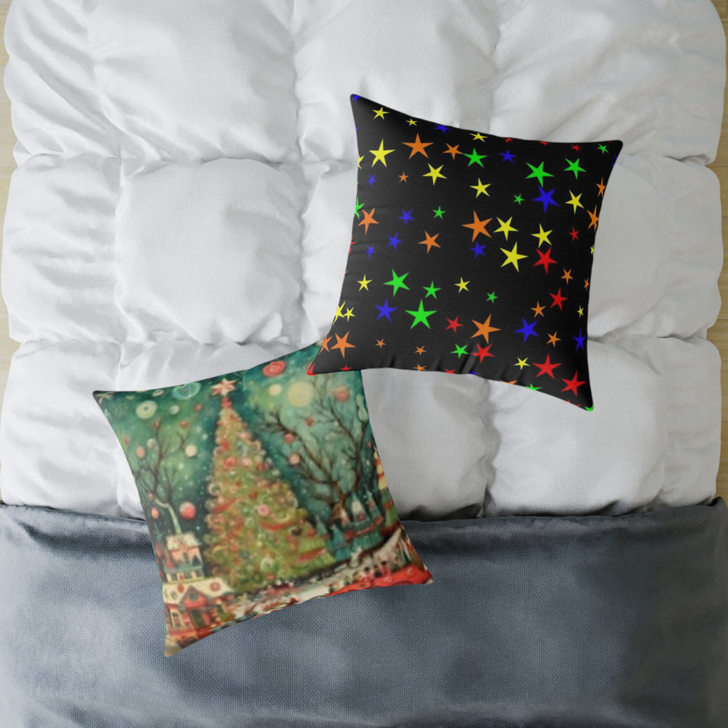 Christmas Tree Village Square Pillow — Festive Holiday Throw with Colorful Stars