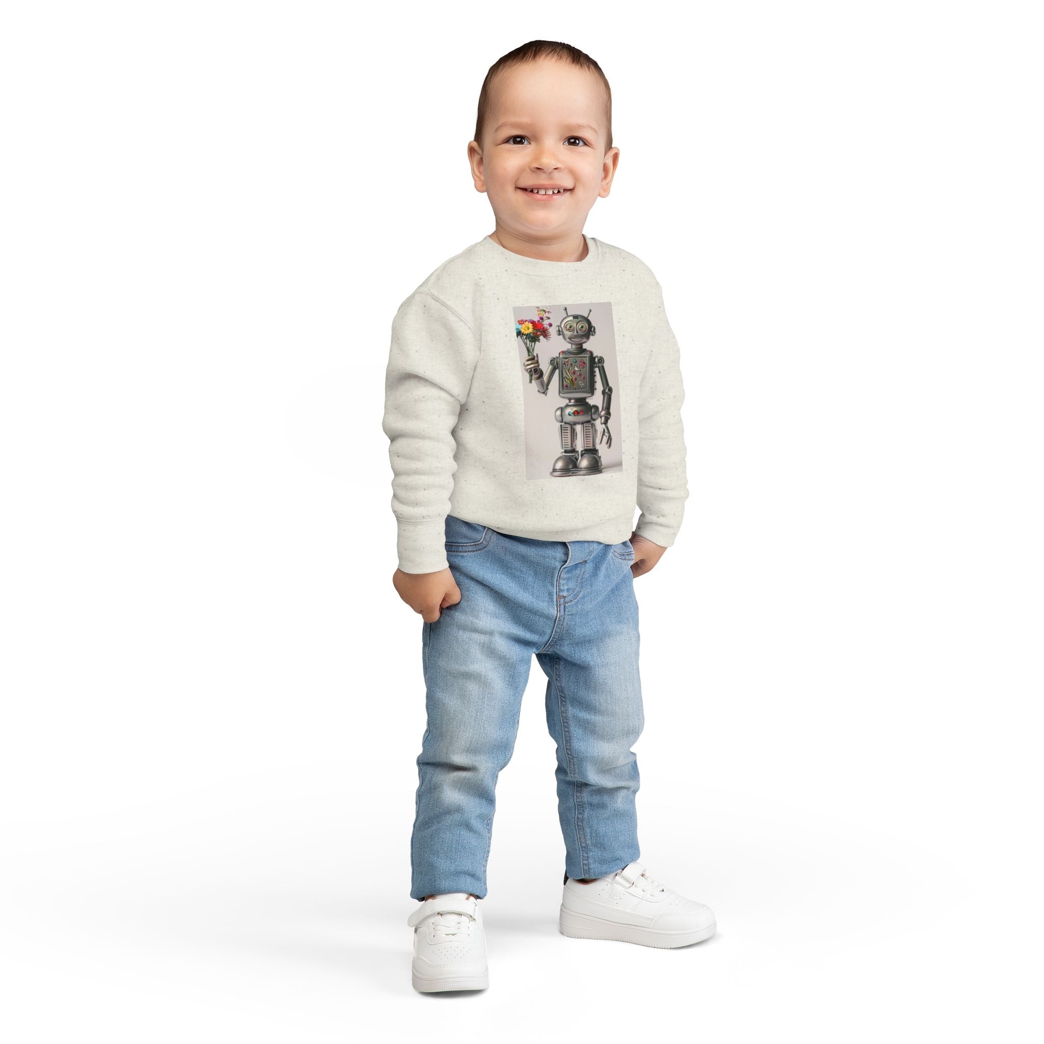 Retro Robot Toddler Sweatshirt — Cute Robot Holding Flowers Graphic