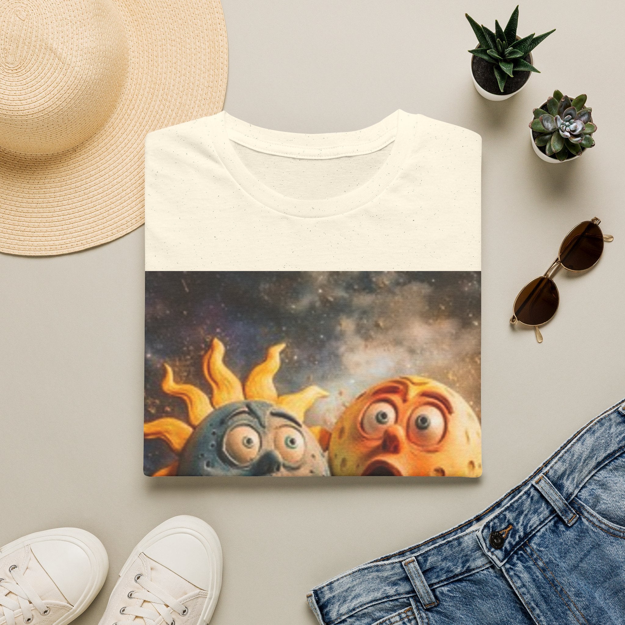 T-shirt Soleil & Lune surpris — Adorable t-shirt cosmique duo solaire de dessins animés