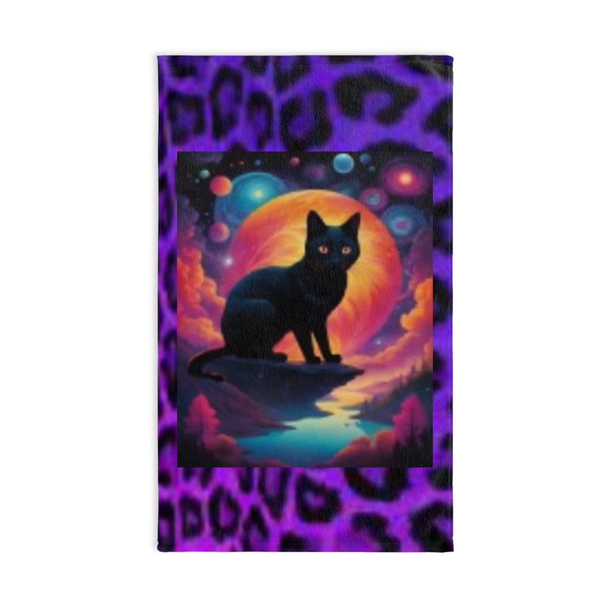 Mystic Black Cat Hand Towel — Purple Leopard Moonlight Design
