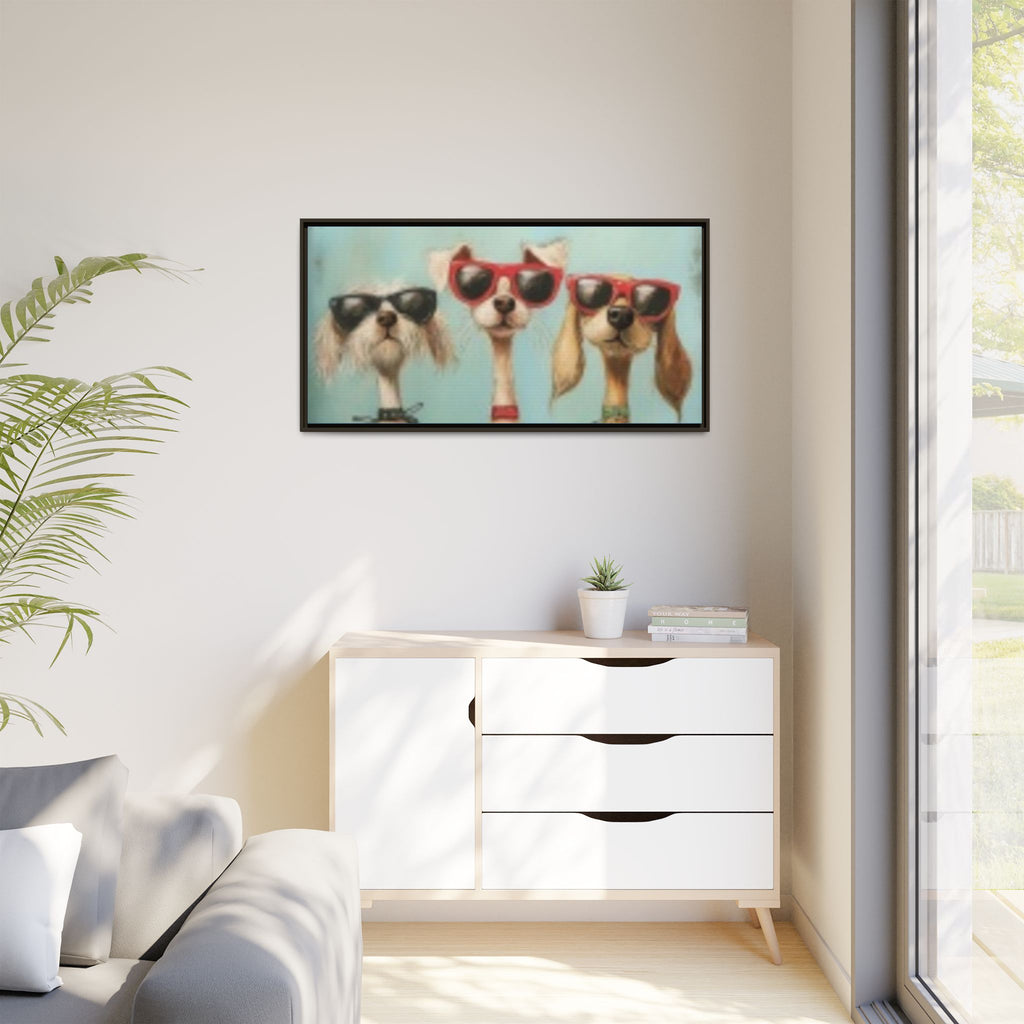 Framed Matte Canvas — Three Cool Dogs in Sunglasses Wall Art