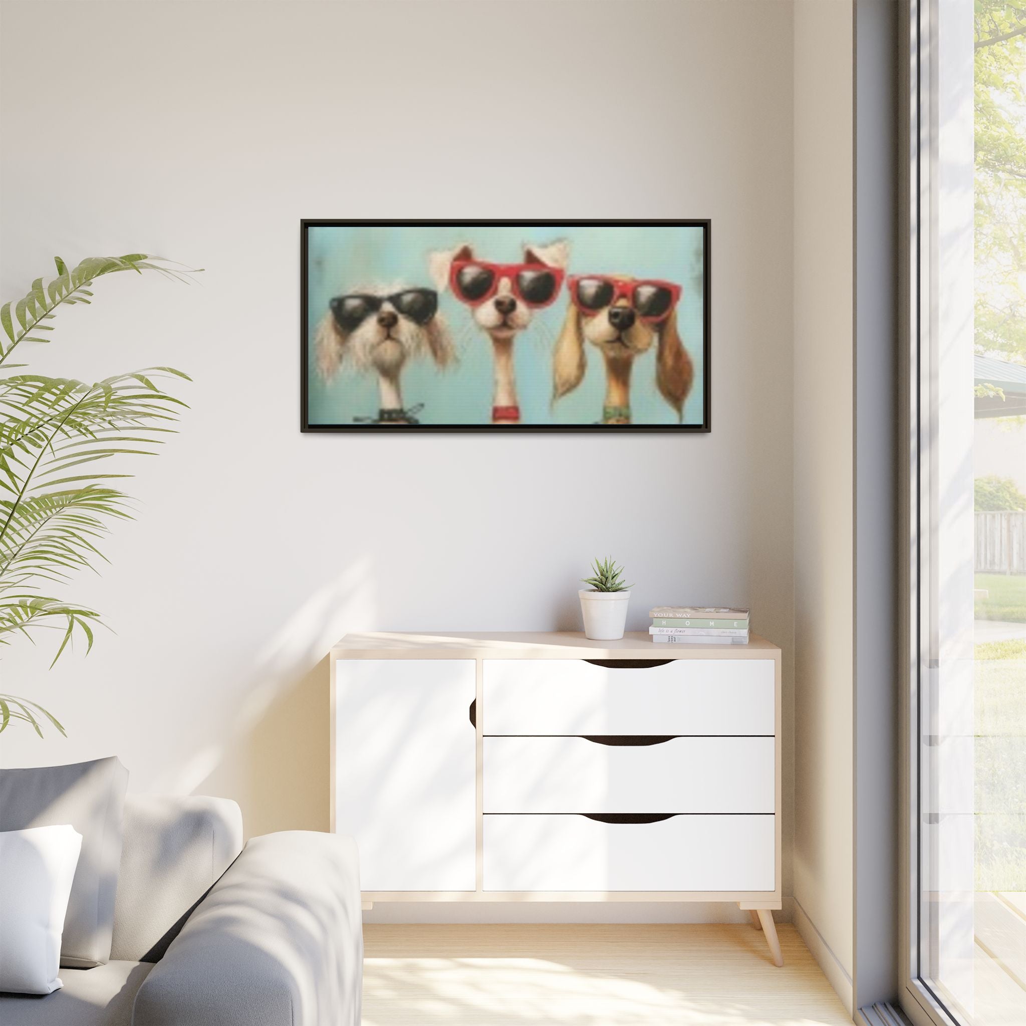 Framed Matte Canvas — Three Cool Dogs in Sunglasses Wall Art