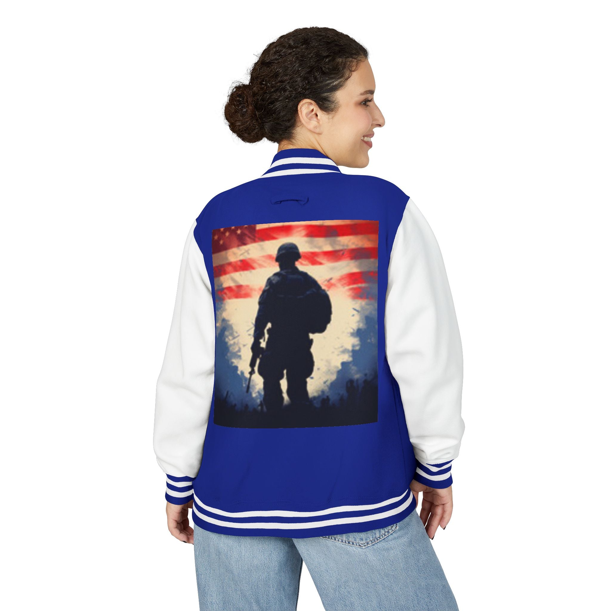 Veteran Tribute Letterman Jacket - American Flag Soldier Graphic
