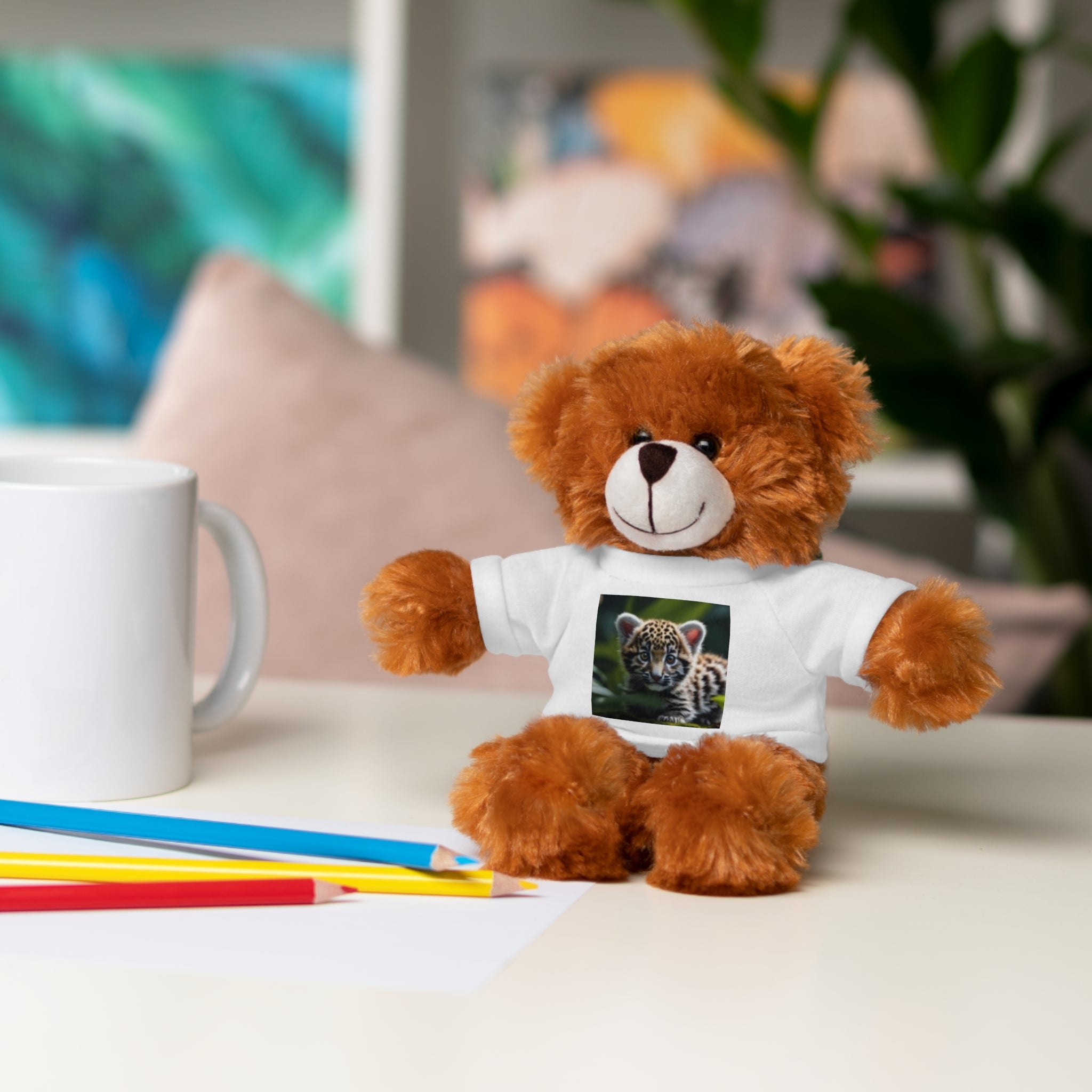 Plush Teddy Bear with Leopard Cub Tee — Cute Animal Gift for Kids & Wildlife Lovers
