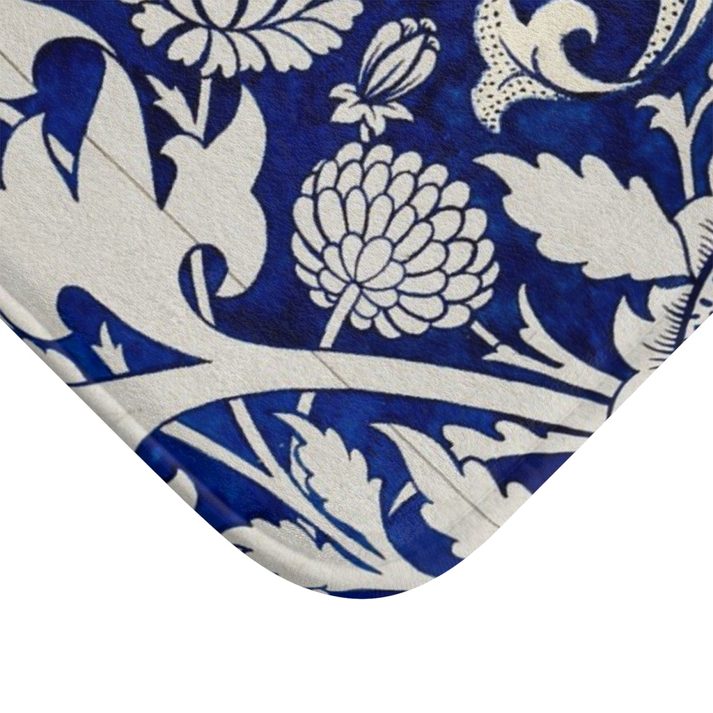 Blue Floral William Morris–Style Bath Mat — Vintage Botanical Bathroom Rug