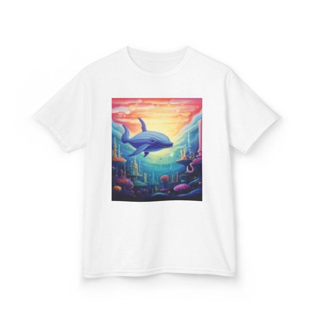 Kids Dolphin Sunset & Shells T-Shirt — Colorful Underwater Ocean Scene