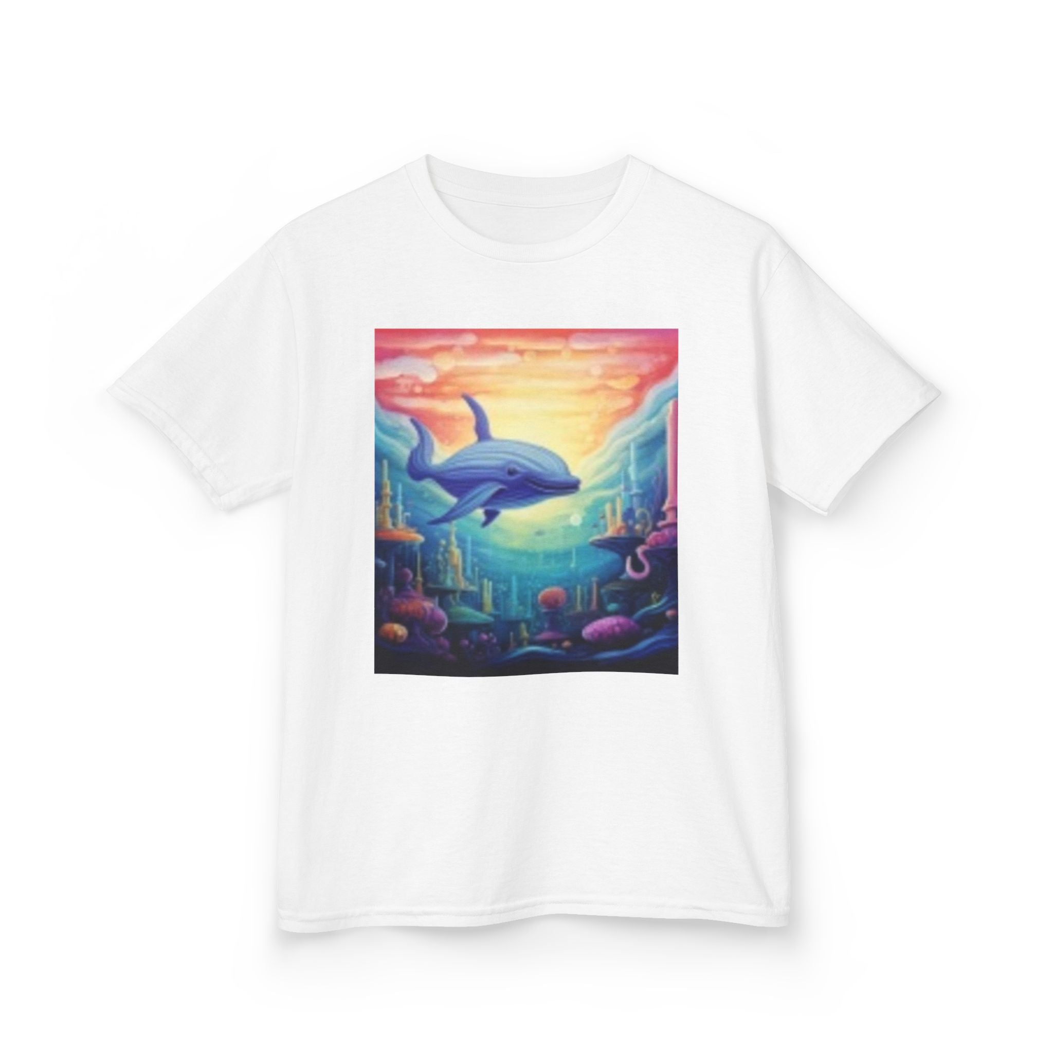 Kids Dolphin Sunset & Shells T-Shirt — Colorful Underwater Ocean Scene