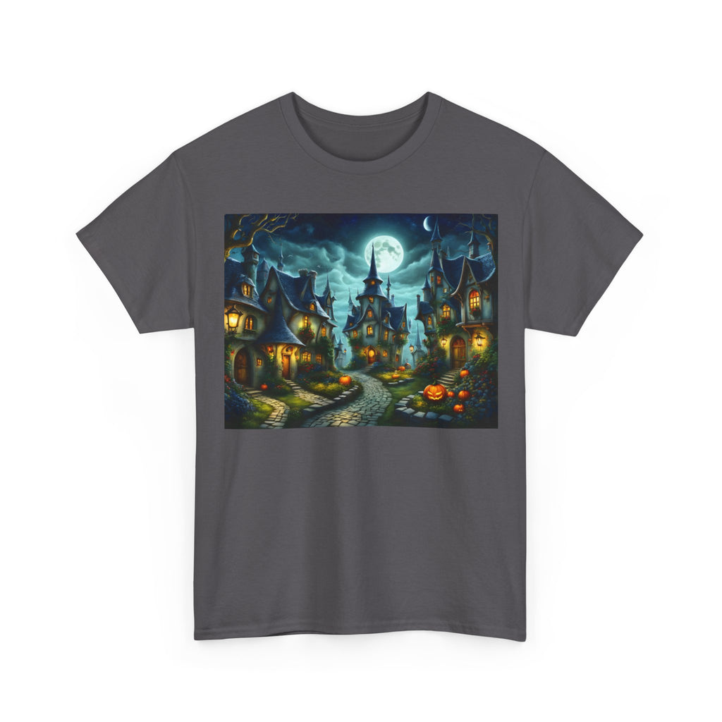 Halloween Village Tee — Spooky Moonlit Haunted Street T-Shirt