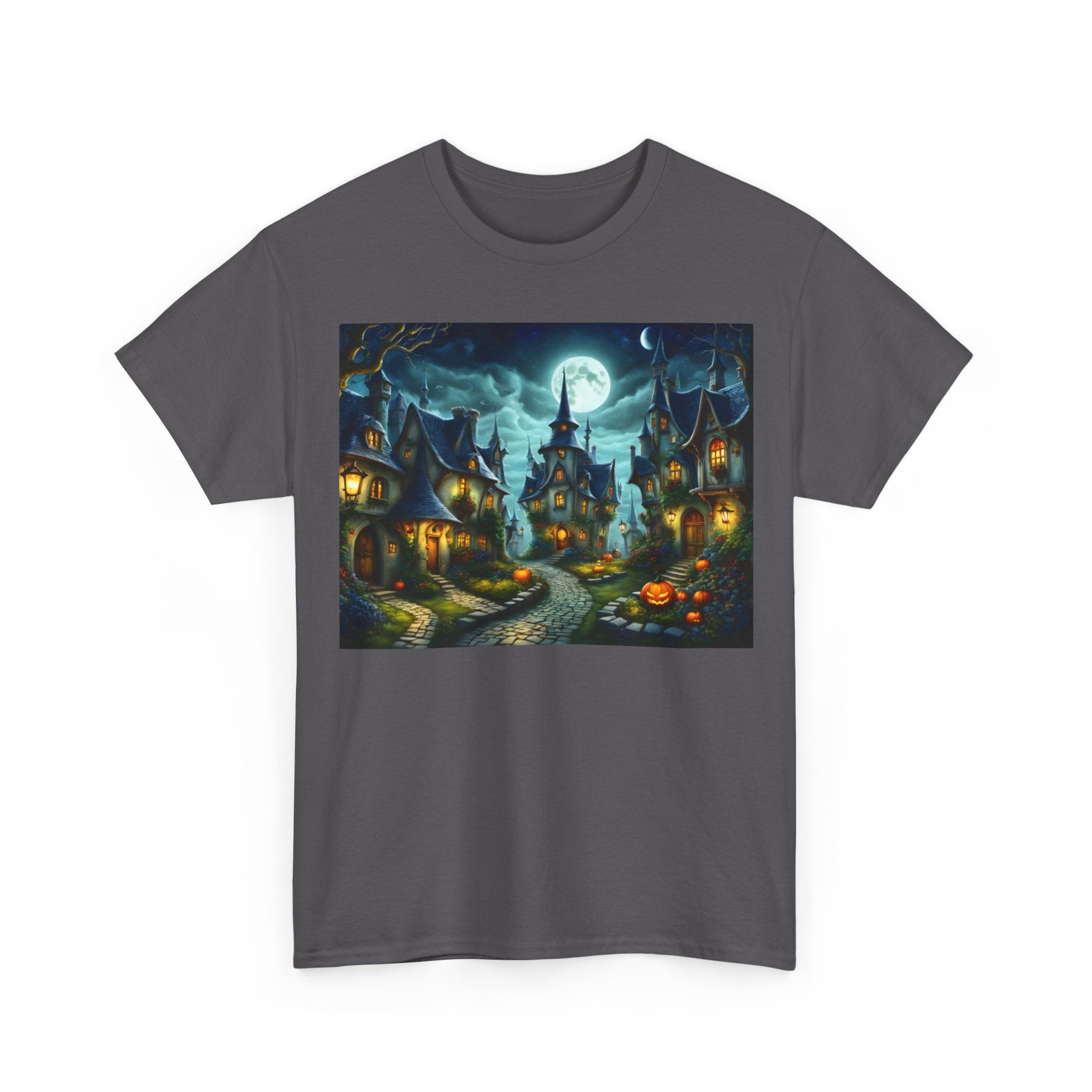 Halloween Village Tee — Spooky Moonlit Haunted Street T-Shirt