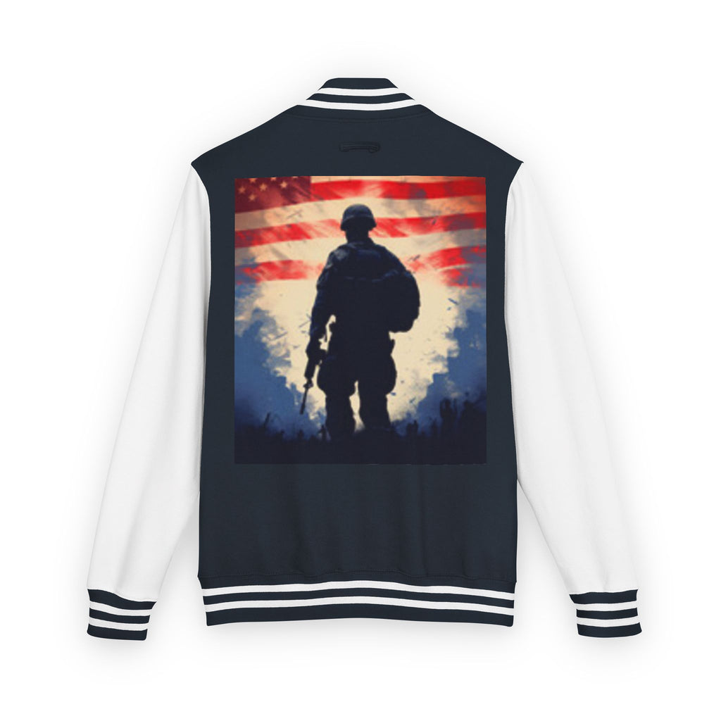 Veteran Tribute Letterman Jacket - American Flag Soldier Graphic