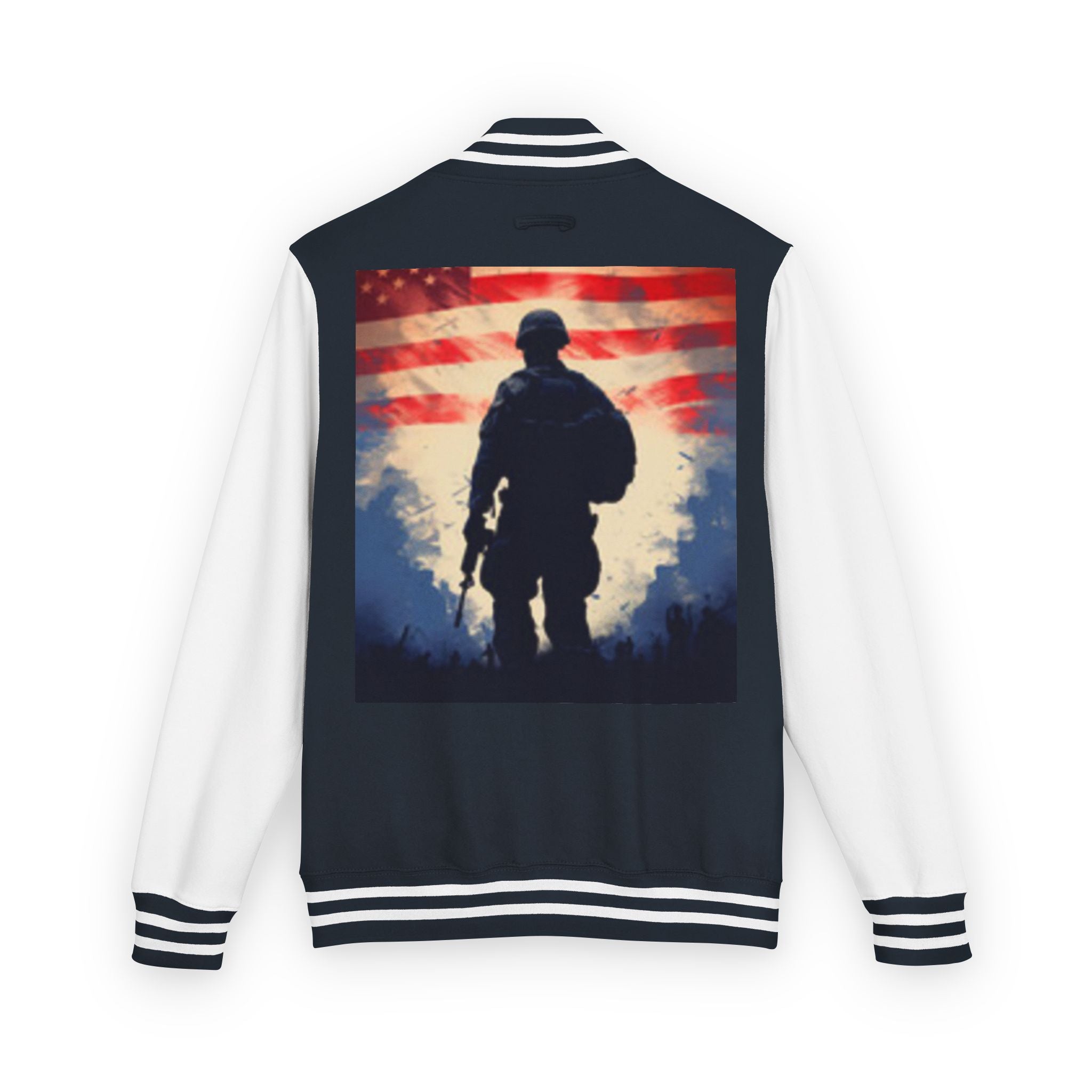 Veteran Tribute Letterman Jacket - American Flag Soldier Graphic